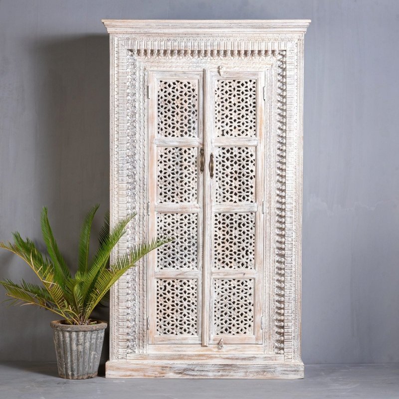 Hand Carved Solid Wood Indian White Armoire - Elegant Storage for Bedroom, Living Room & Home Decor | Perfect for Organizing Clothes, Blankets & Accessories