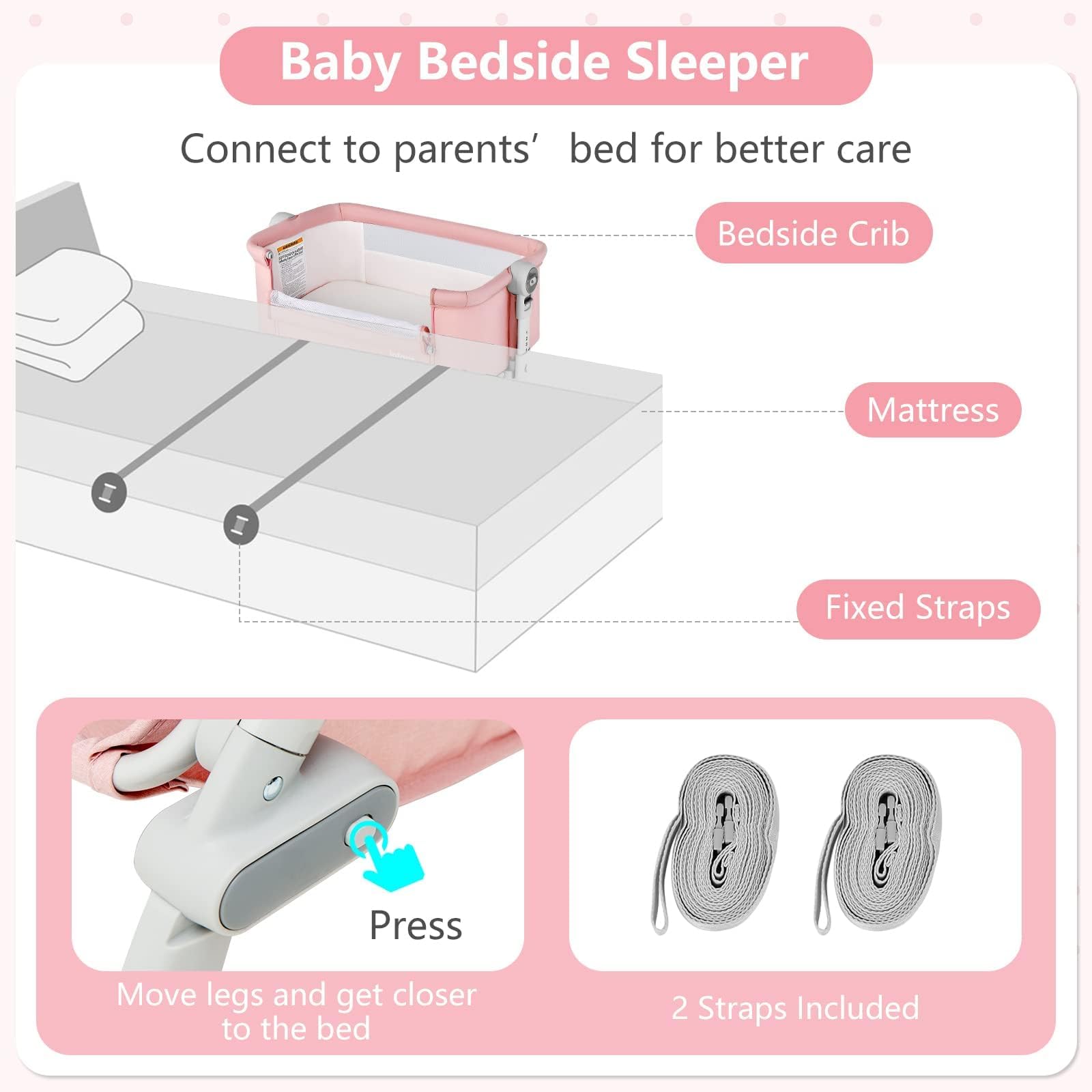 INFANS 3-in-1 Baby Bassinet & Bedside Sleeper with Adjustable Height - Portable Rocking Cradle for Newborns, Includes Wheels, Storage Basket & Travel Bag - Perfect for Nursery, Bedroom & Travel (Coral)