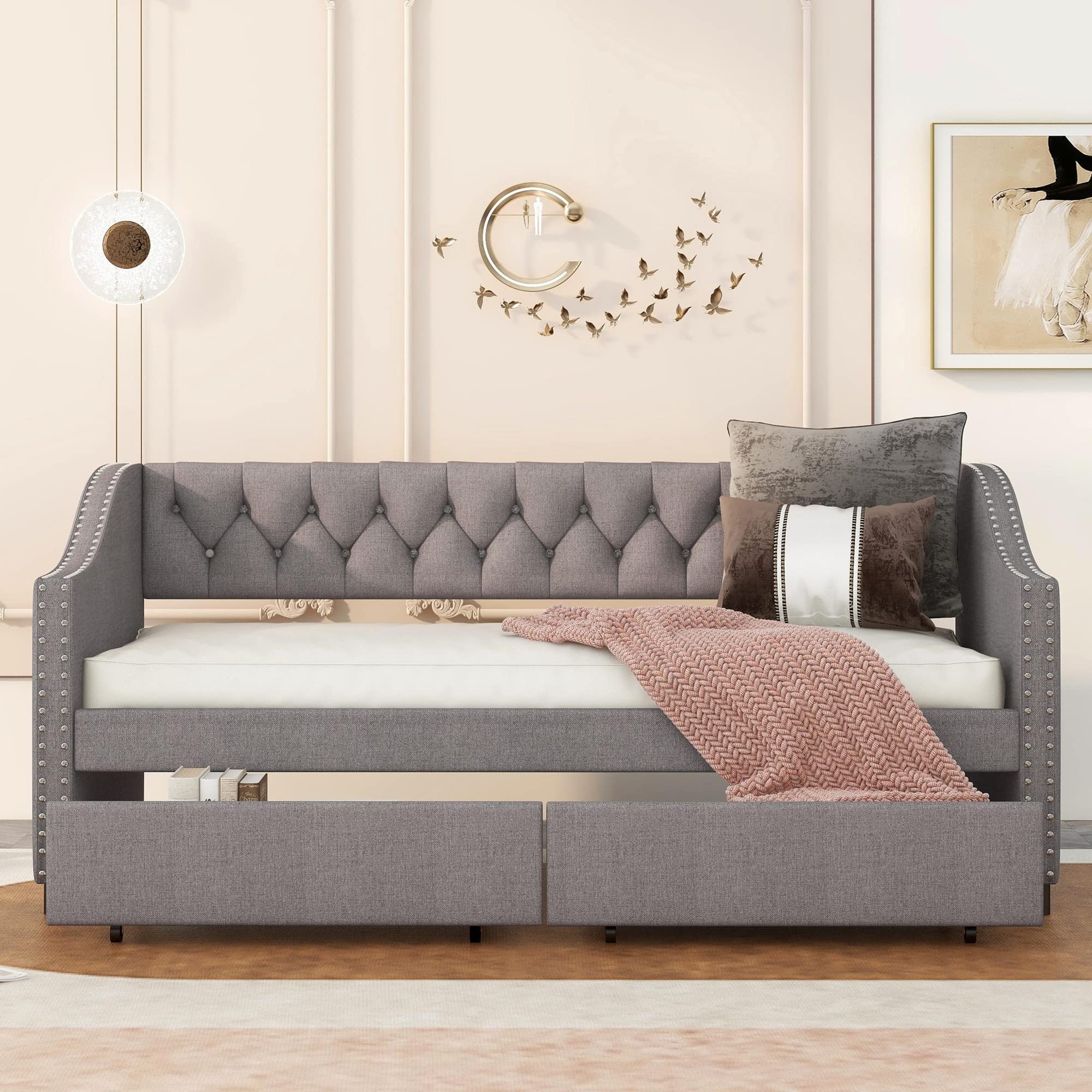 Modern Upholstered Daybed with Storage | Wood Twin Daybed with Drawers | Tufted Sofa Bed with Nailhead Trim for Living Room & Bedroom (Grey) | Perfect for Guest Rooms, Small Spaces & Multi-Functional Furniture Needs