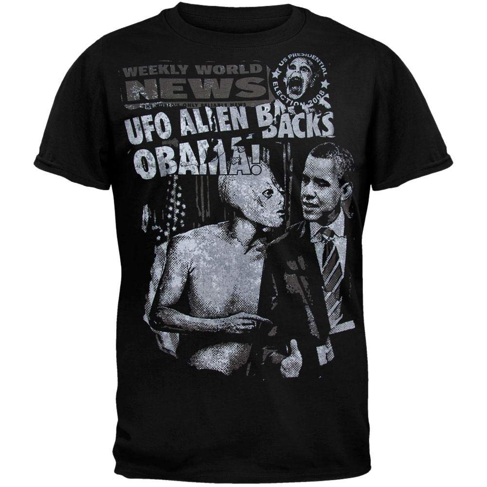Alien Backs Obama Funny Men's T-Shirt - Black Novelty Graphic Tee for UFO Enthusiasts & Political Satire Fans | Perfect for Costume Parties, Conspiracy Theory Events & Casual Wear