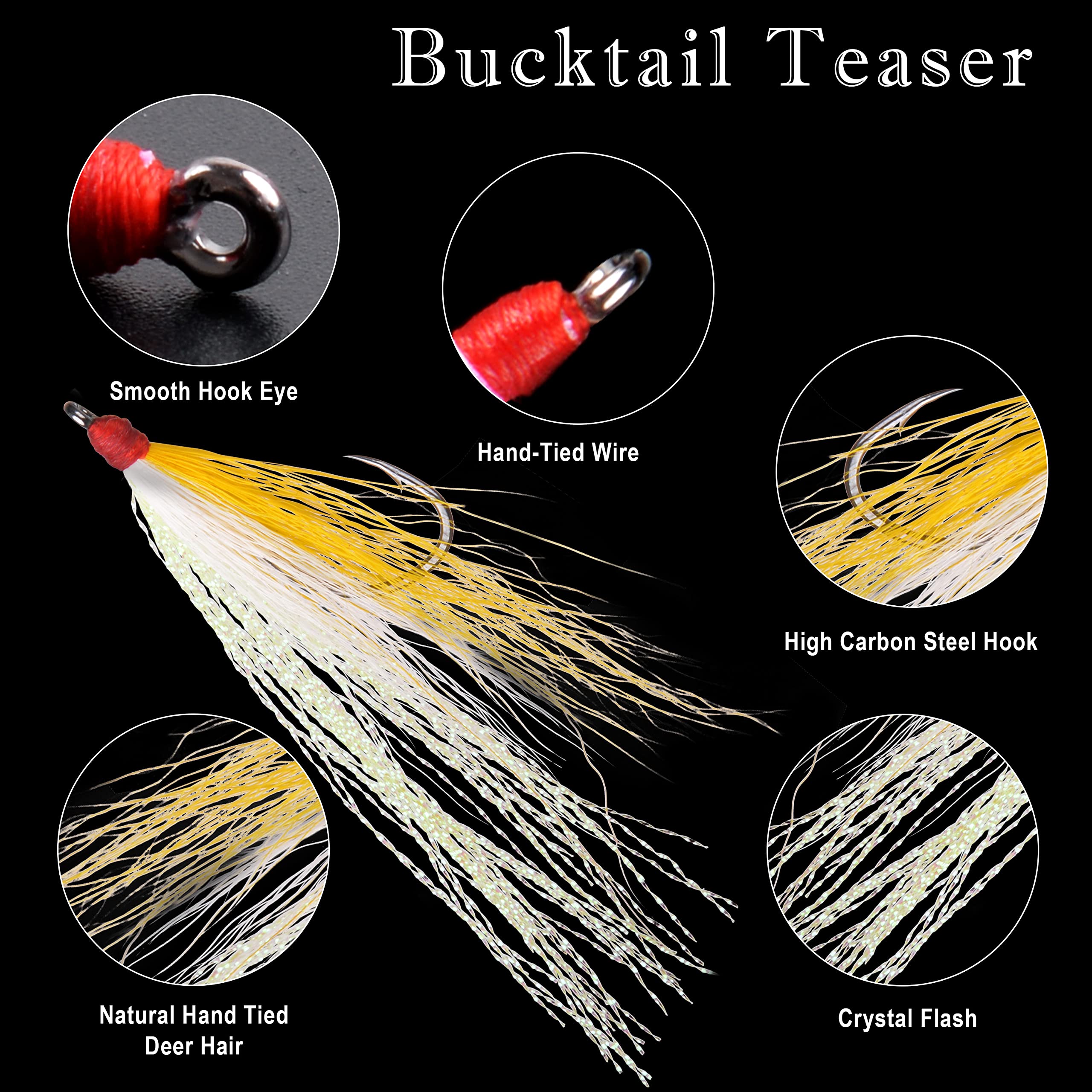 Bucktail Fishing Lures 5 Colors - Saltwater Flounder Salmon Trout Bass - for Surf & Boat Fishing