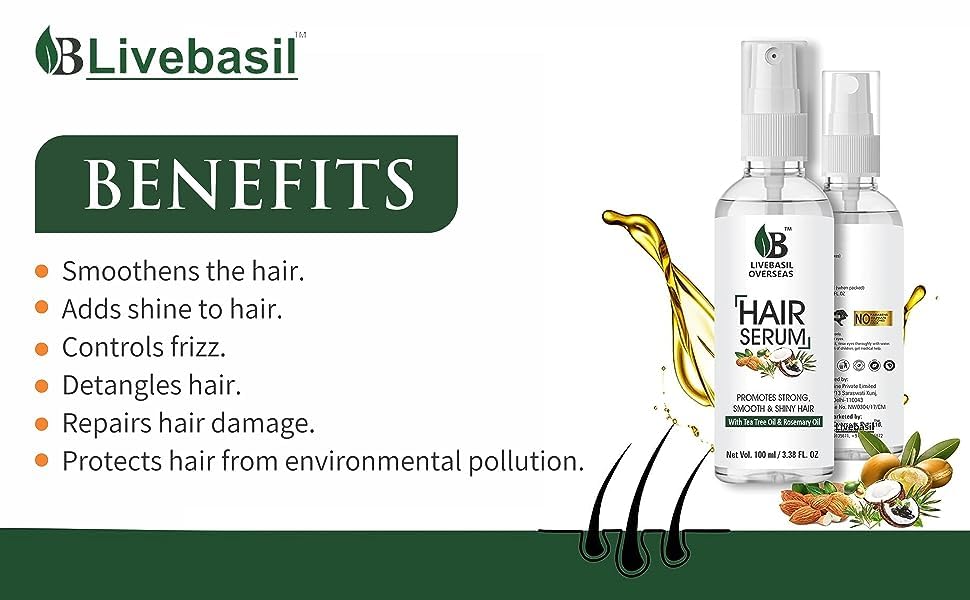 Livebasil Hair Growth Serum with Tea Tree & Rosemary Oil - Promotes Strong, Smooth & Shiny Hair (100ml) - Best for Thinning Hair & Scalp Care - Perfect for Daily Hair Regimen & Styling Prep