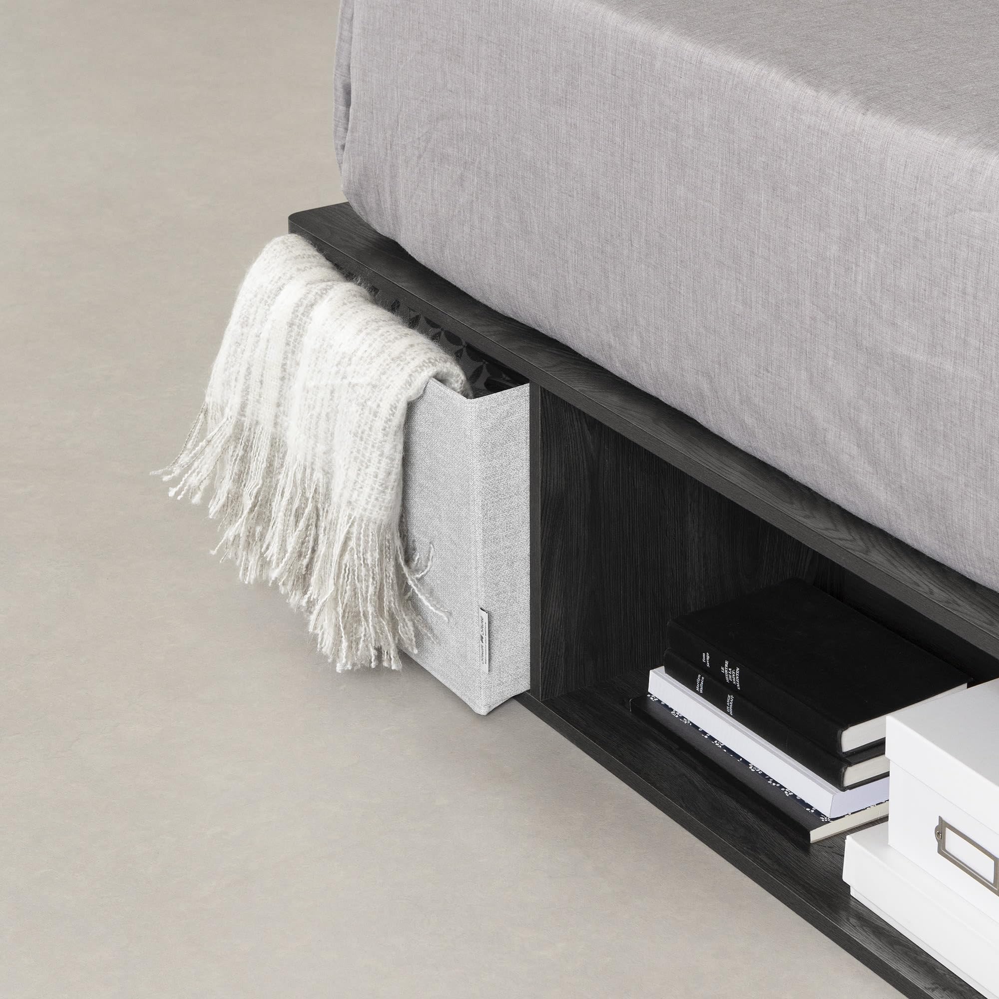Gray Oak Queen Platform Bed with Storage Baskets for Small Spaces