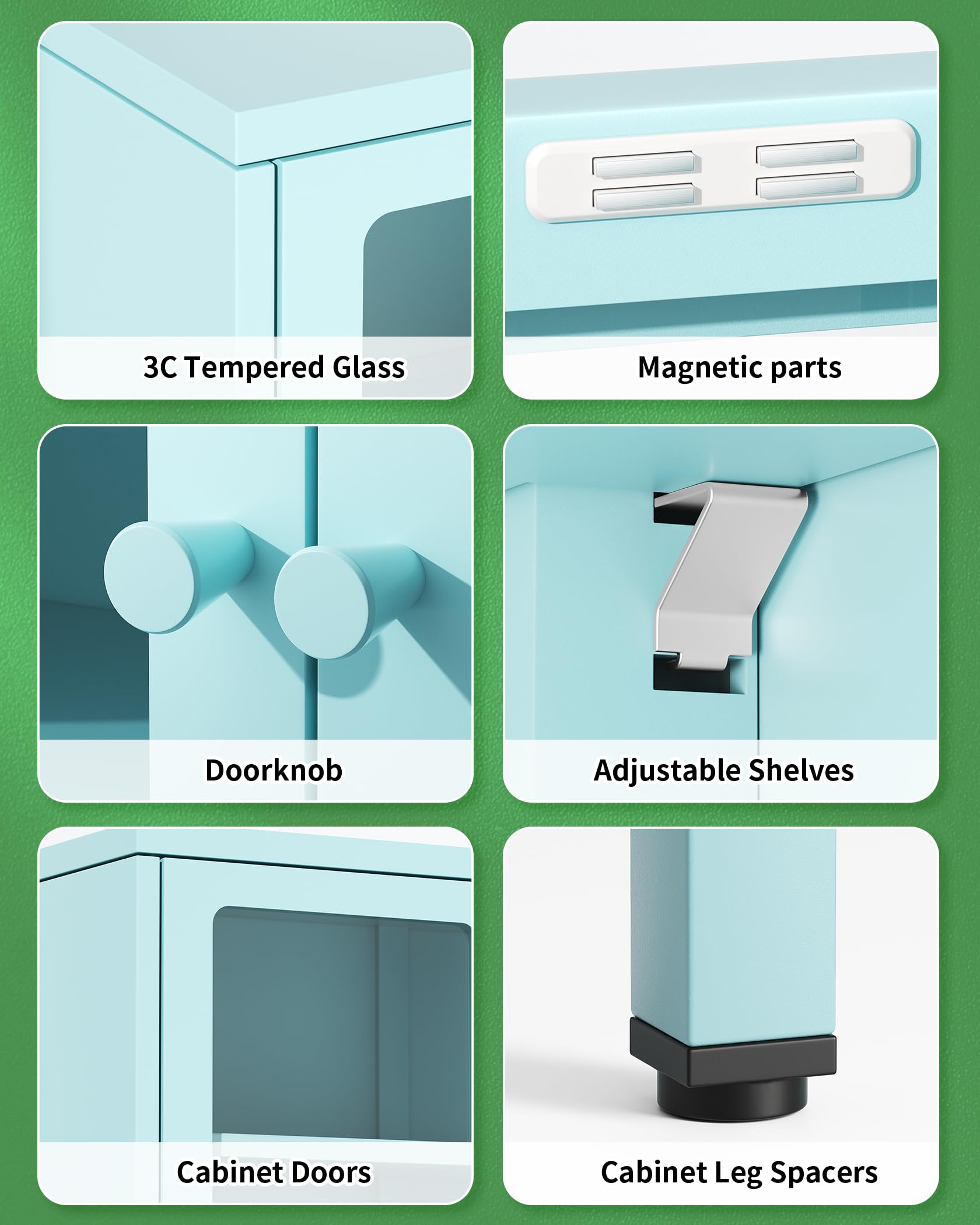 Greenvelly Metal Display Cabinet with Glass Doors & 4 Adjustable Shelves - Blue Storage Organizer for Home Office, Living Room, Pantry - Perfect for Showcasing Collectibles, Storing Books & Displaying Kitchenware