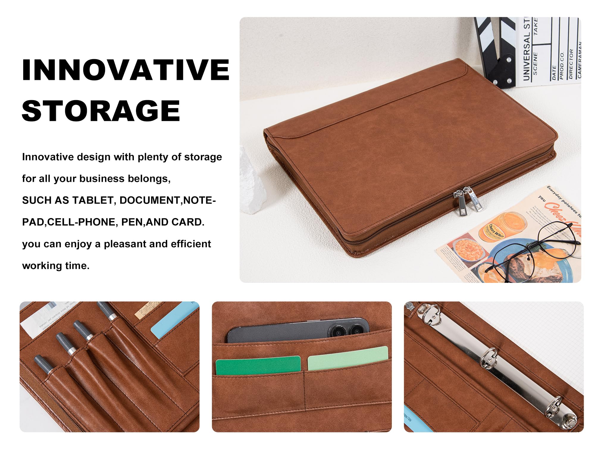 AZXCG Vegan Leather Padfolio for Women & Men - 3 Ring Binder Business Portfolio with Zipper & A4 Clipboard - Professional Document Organizer Notebook for Office, Meetings & Gifts (Brown)