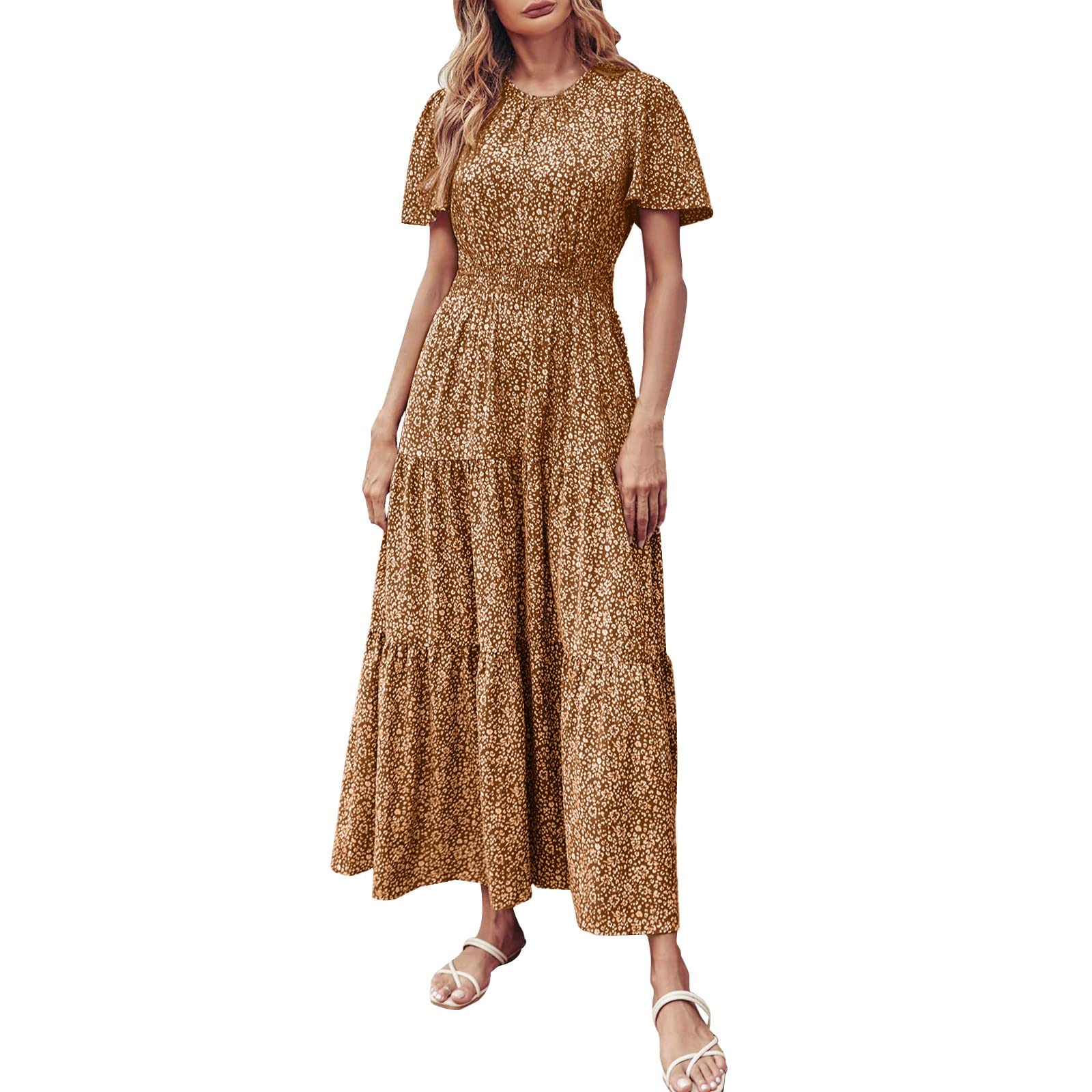 Women's Short Sleeve O-Neck Smocked Waist Tiered Maxi Dress - Boho Floral Summer Chambray Sun Dress | Perfect for Beach Vacations, Music Festivals & Casual Outings