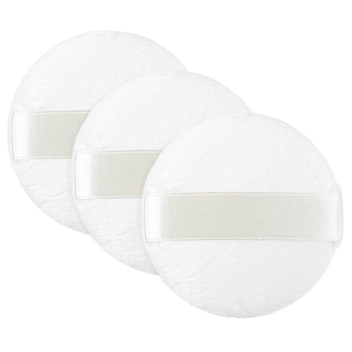 3pcs White Round Plush Powder Puffs - Washable & Reusable Soft Velour Makeup Puffs for Face & Body (Loose/Pressed Powder) - Perfect for Daily Makeup, Travel & Professional Use