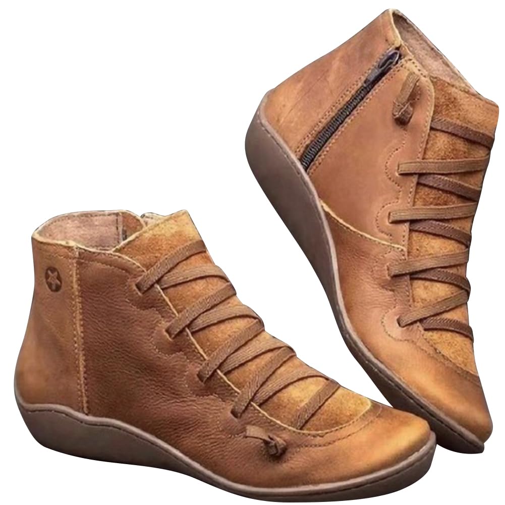 Women's Arch Support Ankle Boots - Vintage Leather Slip-On Booties with Flat Low Heel for Ladies | Comfortable Casual Shoes for Walking, Work & Everyday Wear