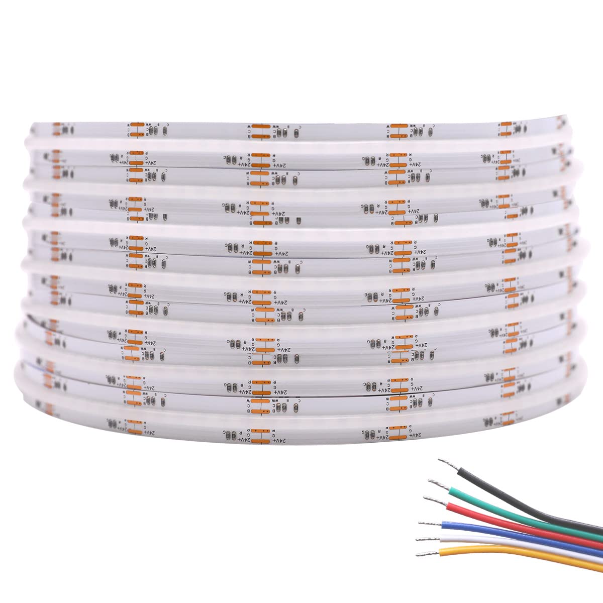 24VDC Color Changing RGBCCT Dotless COB LED Strip Lights - High Density 4200 LEDs, Warm White to Daylight RGBWW Dimmable Light Strips (Non-Waterproof IP20) - Perfect for Home Decoration, Accent Lighting, and DIY Projects - FCOB-24V-RGBCCT