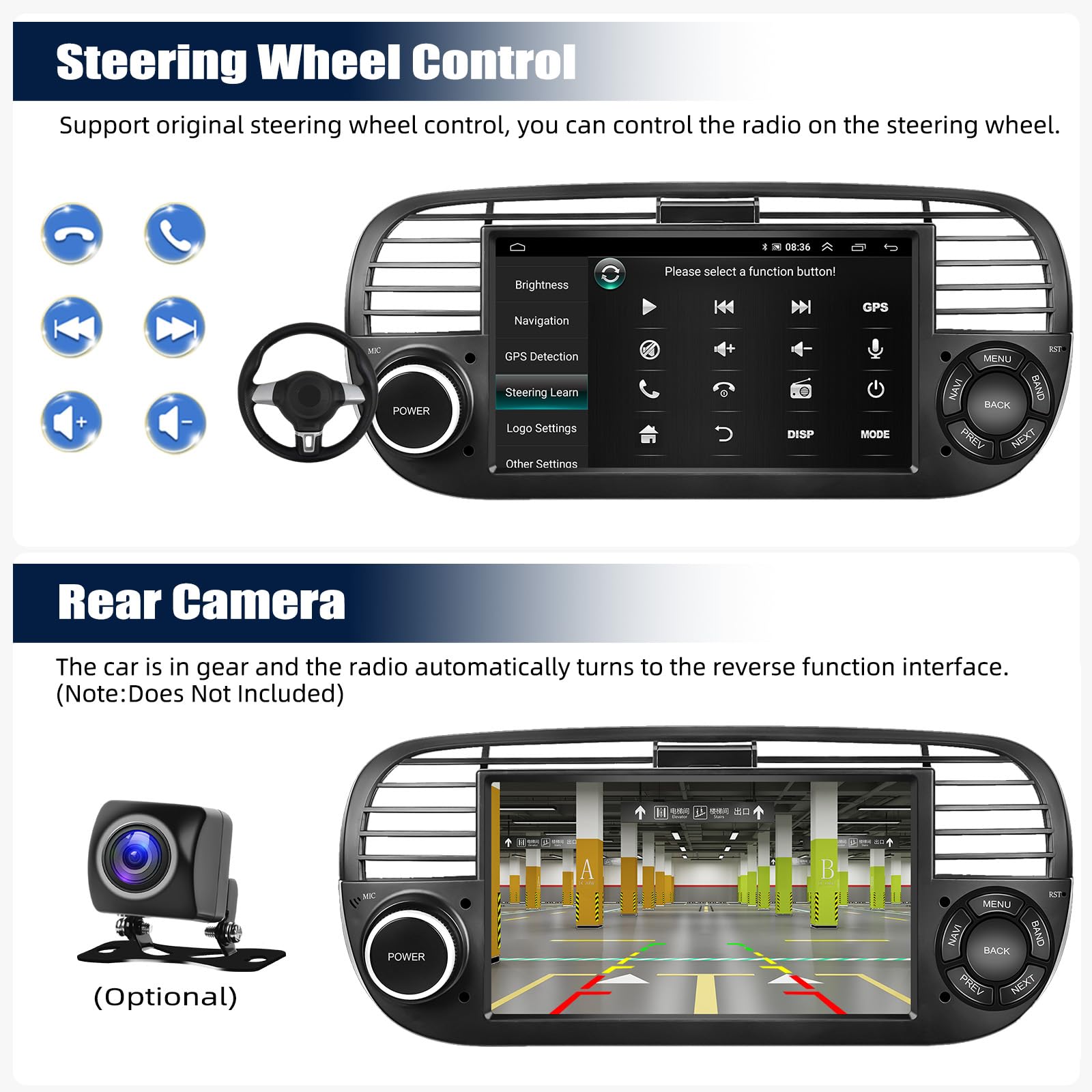 CAMECHO 7 Inch Android 13 Car Stereo for Fiat 500 2007-2015 - Wireless Apple CarPlay & Android Auto, Double Din Touchscreen with GPS Navigation, Bluetooth, HiFi Audio, WiFi, FM Radio & Rear View Camera - Perfect for Upgrading Your Car Entertainment System