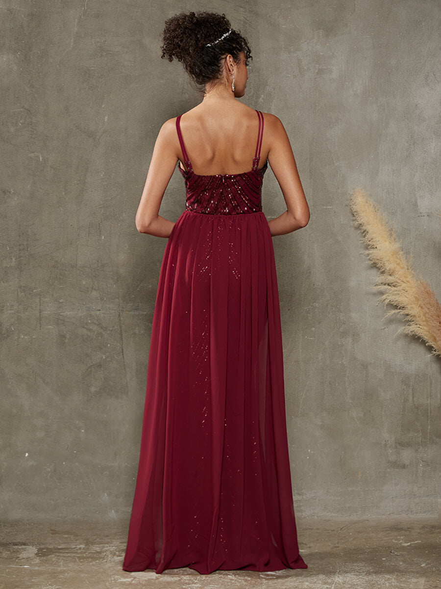 Elegant Burgundy Convertible Halter Sequin Floor Length Formal Evening Gown for Prom, Wedding & Special Occasions