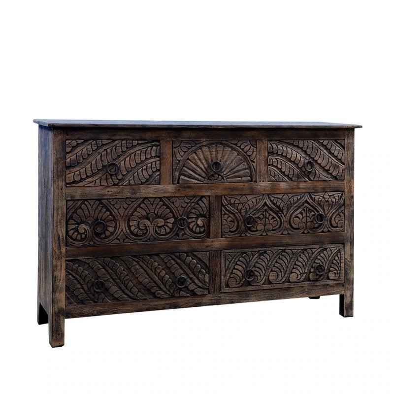 Hand Carved Indian Wooden 7-Drawer Dresser - Traditional Storage for Bedroom, Living Room & Office