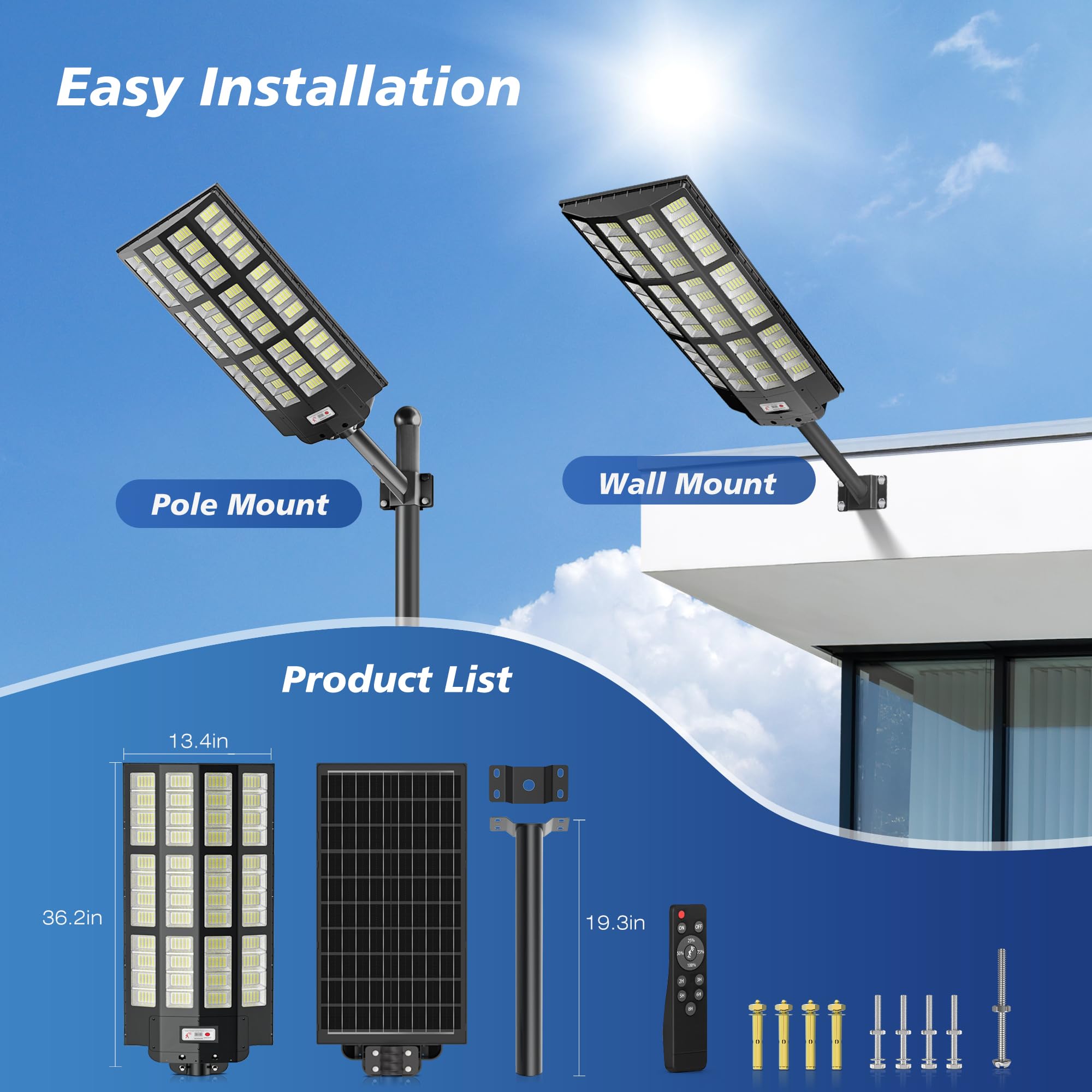9800W Solar Street Lights Outdoor - Wide Angle Motion Sensor Solar Lights for Commercial Parking Lots, 7000K LED Street Light with Dusk to Dawn & IP66 Waterproof, Remote Control Included - Perfect for Pathways, Driveways, and Security Lighting