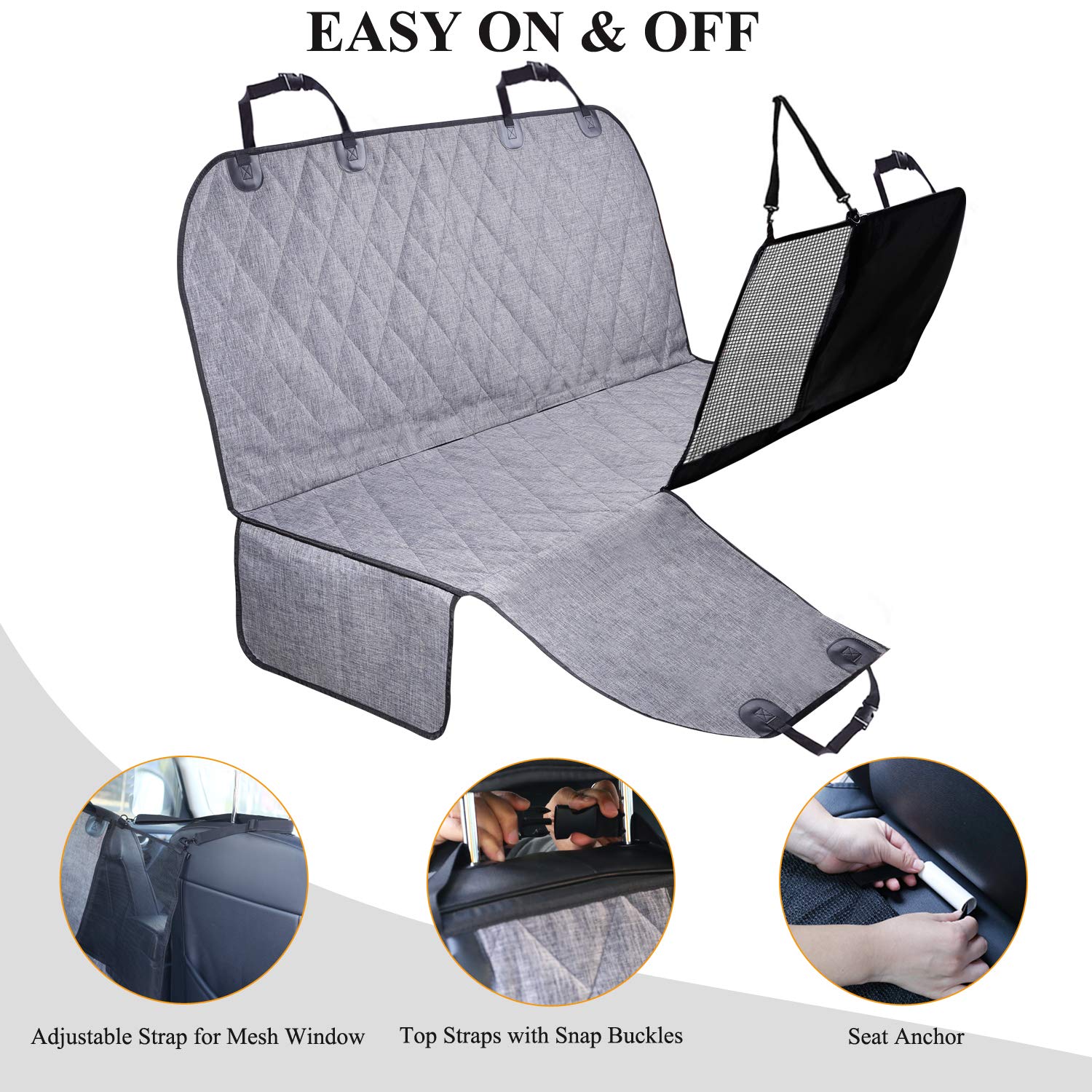 VIVAGLORY Waterproof Dog Car Seat Cover with Mesh Window - Non-Slip Hammock Style Pet Seat Protector for Back Seat & Trunk, Convertible Bench Cover with Extra Straps & Buckles (Heather Black) - Perfect for Road Trips, Vet Visits & Outdoor Adventures