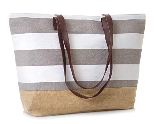 Burlap Bottom Leather Handle Stripe Grey