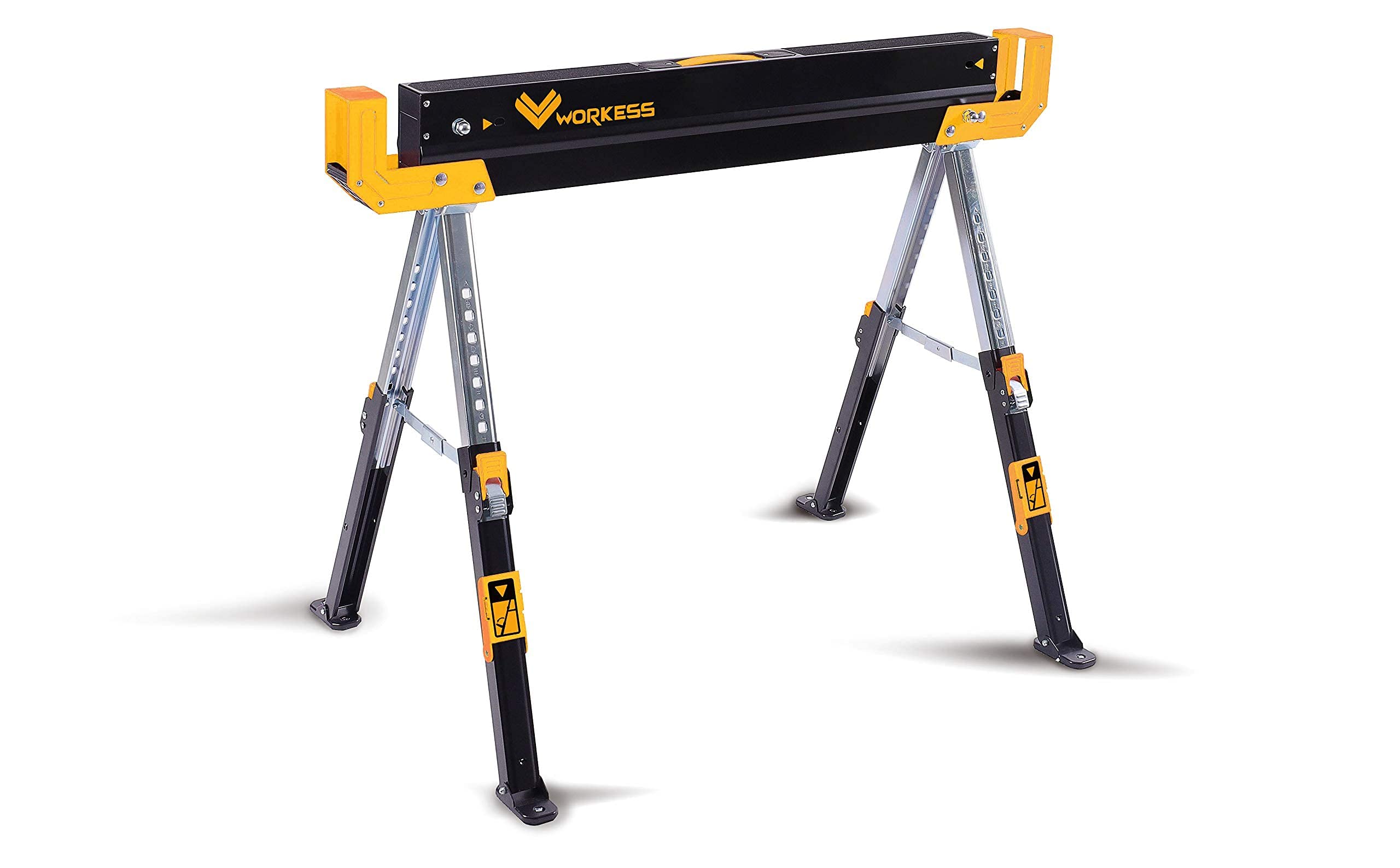 Heavy Duty Folding Saw Horses 2 Pack - 2600 Lbs Capacity, Adjustable Height 24-32 Inch with 2x4 Support Arms - Portable Workbench for Woodworking, Construction & DIY Projects - Easy Grip Handle & Foldable Legs for Compact Storage