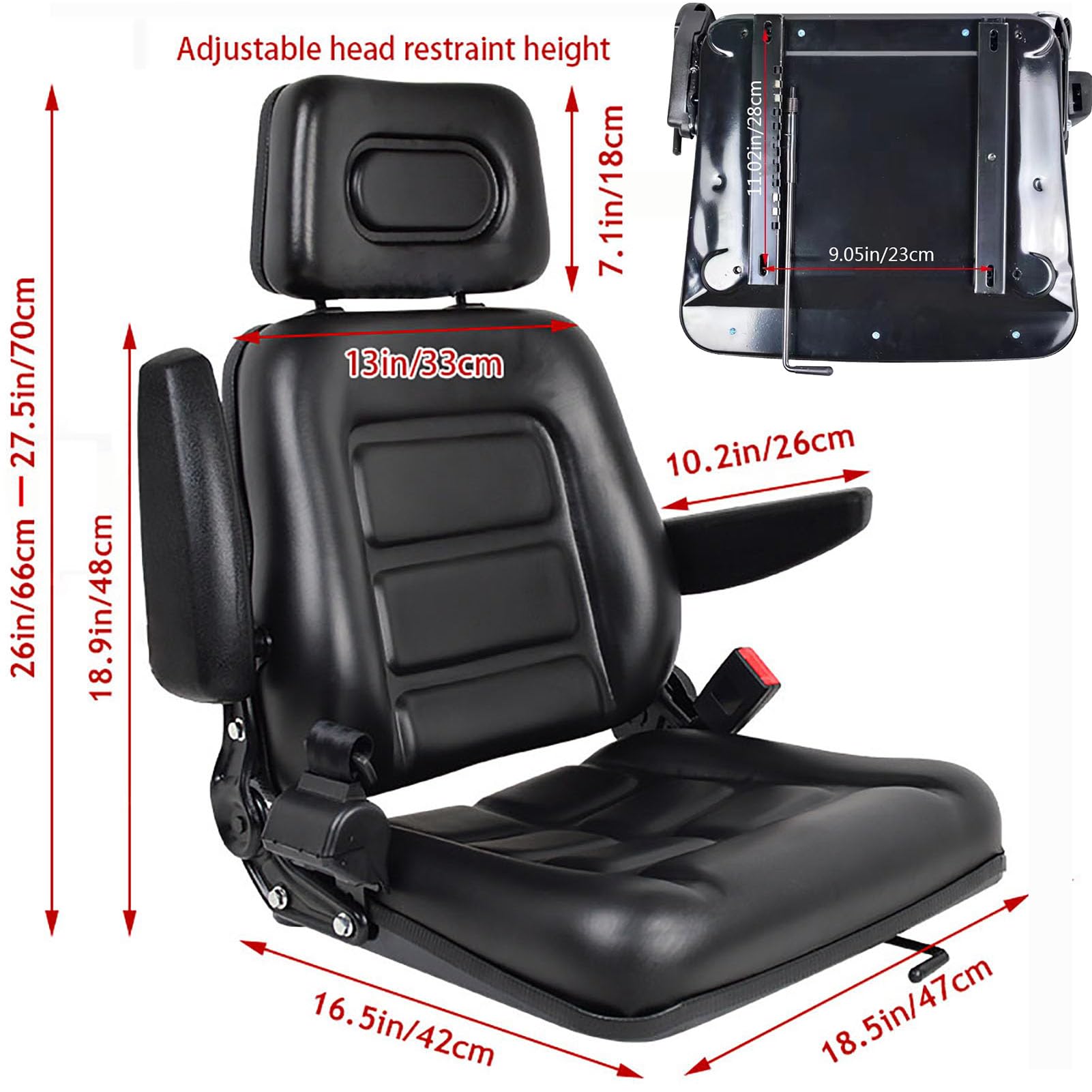 Universal Lawn Mower Seat with Adjustable Backrest & Slide Rail - Waterproof Tractor Seat with Armrests, Headrest & Seatbelt - Fits Garden Tractors, Loaders, Forklifts, Excavators & Dozers - Perfect for Landscaping, Farming & Construction Work