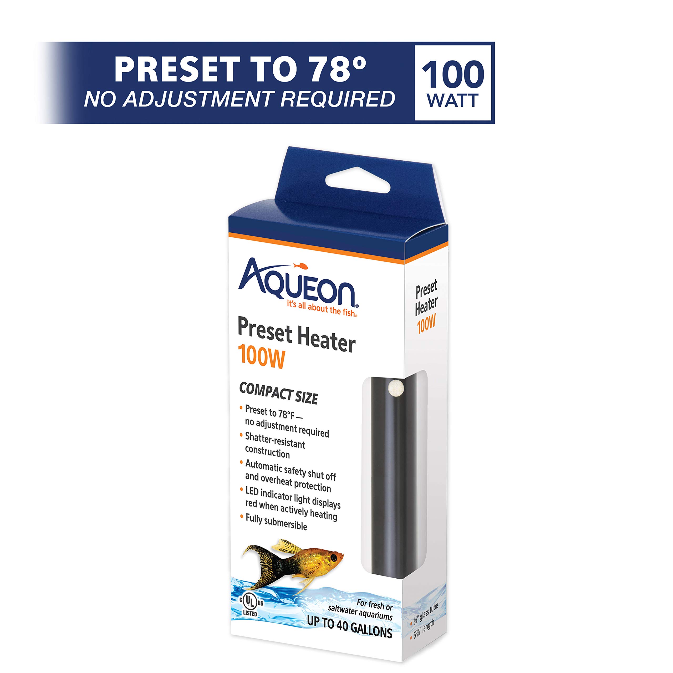 Aqueon 100W Preset Aquarium Heater for 40 Gallon Fish Tanks - Reliable Temperature Control for Tropical Fish, Saltwater & Freshwater Aquariums - Perfect for Home, Office or Classroom Aquarium Setup