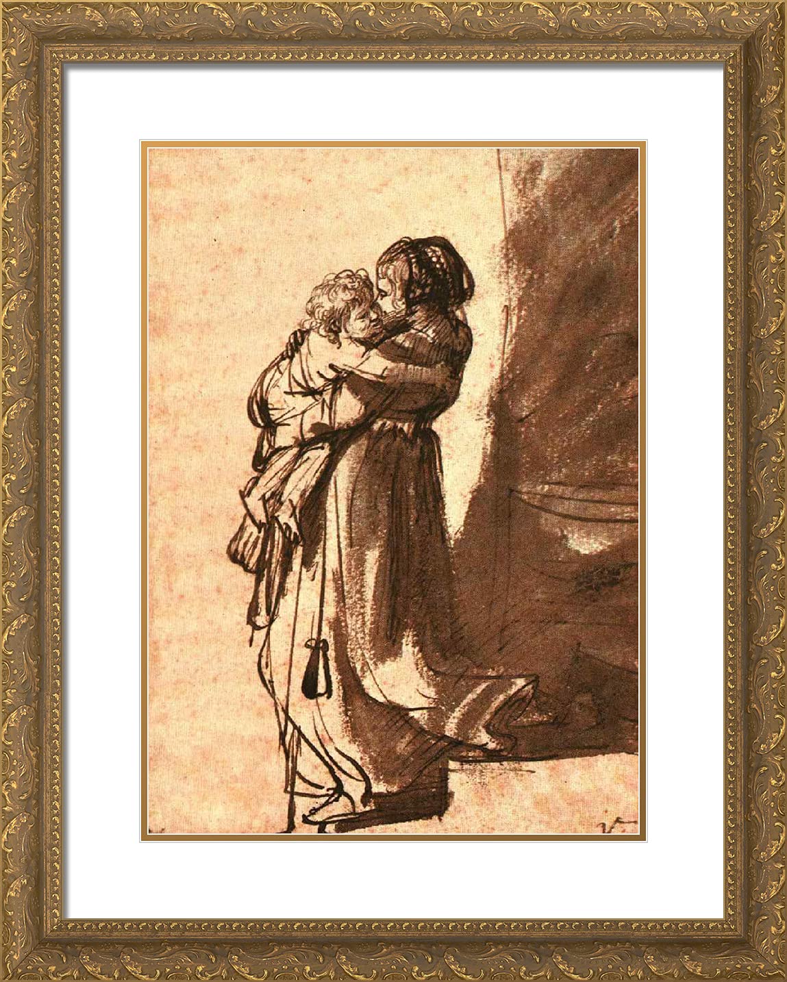 Rembrandt Woman Carrying a Child Downstairs 20x24 Gold Ornate Framed Art Print with Double Matting - Premium Wall Decor for Living Room, Bedroom & Office