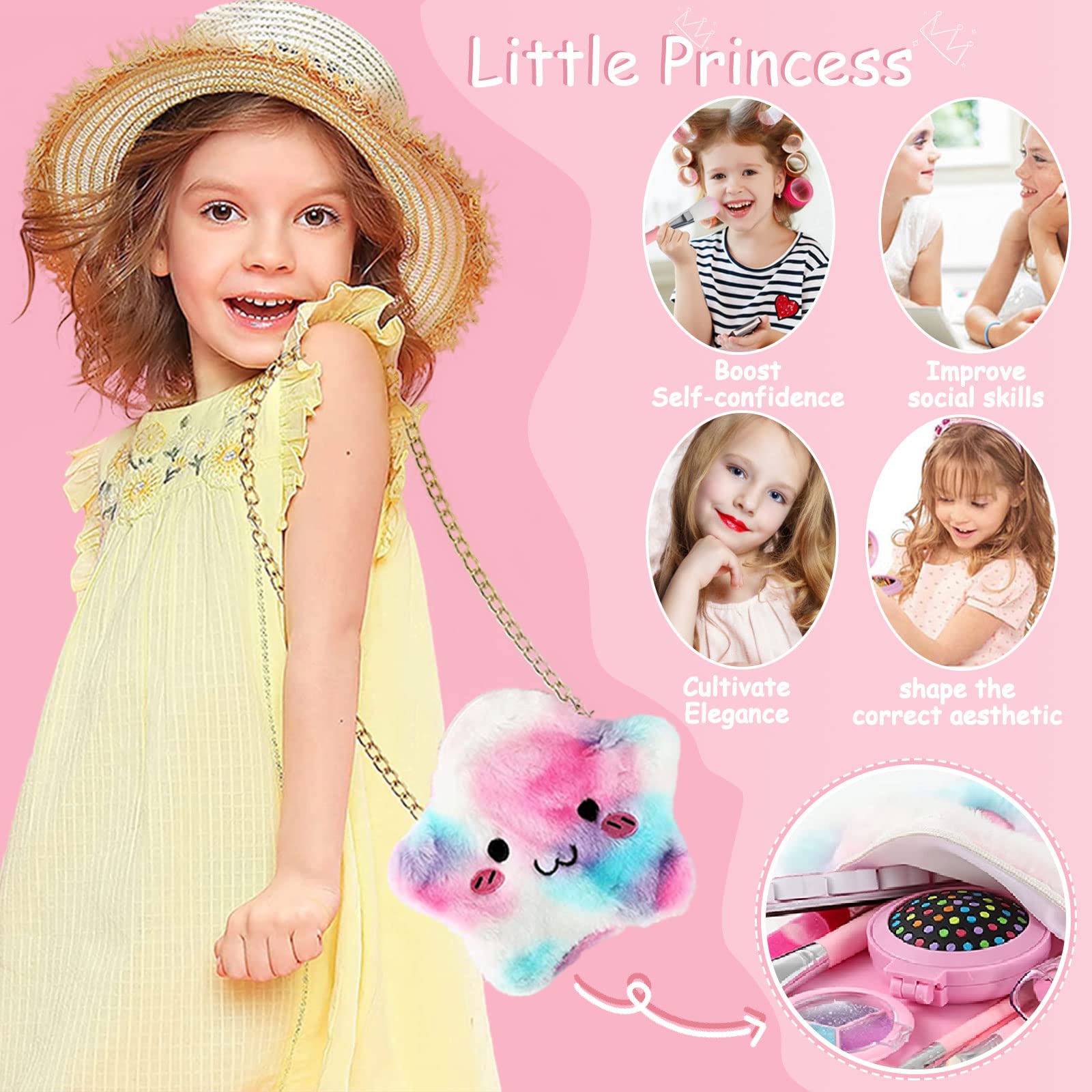 McNory 33-Piece Washable Makeup Kit for Girls - Safe & Non-Toxic Princess Toy for Ages 5-7+ | Birthday & Dress-Up Play