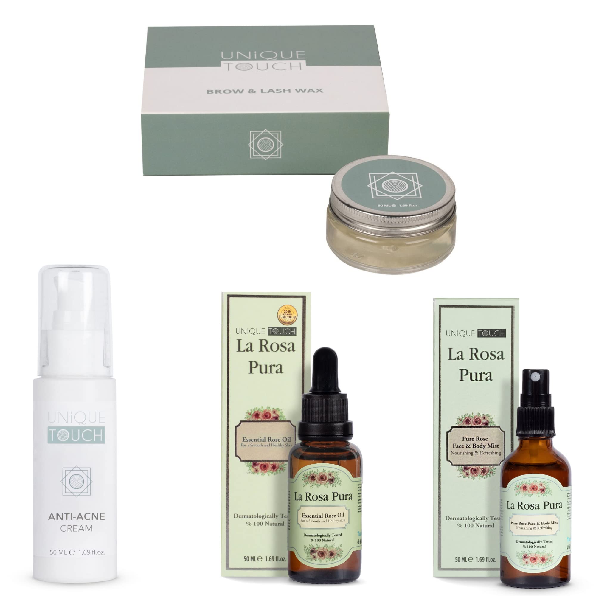 UniqueTouch 4-Piece Beauty Set - Organic Rose Oil, Hydrating Rose Face & Body Mist, Anti-Acne Cream, Eyebrow Wax Kit | Skincare Routine & Gift for Women