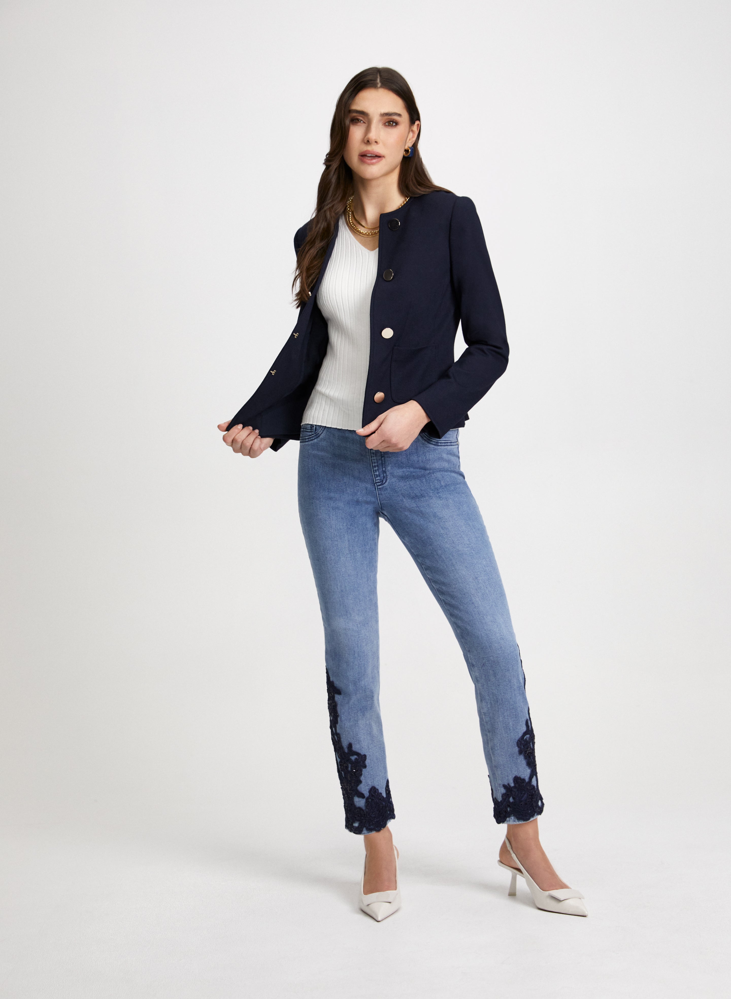 Stylish Button Detail Jacket & Embroidered Jeans for Women - Trendy Casual Outfit for Fall Fashion, Date Nights and Streetwear Looks