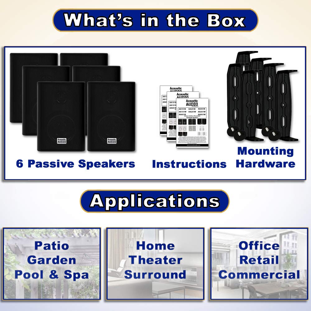 Acoustic Audio AA351B Indoor Outdoor 2-Way Black Speakers - 1500 Watt Power, 3 Pair Pack (AA351B-3Pr) - Perfect for Home Theater, Patio Parties & Background Music