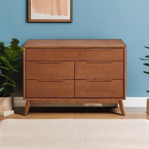 Mid Century Modern 5-Drawer Dresser for Bedroom - Solid Wood Storage Cabinet with 3-Tier Organizer - Walnut Finish for Closet, Living Room, Hallway & Nursery - Perfect for Clothes, Blankets & Home Organization