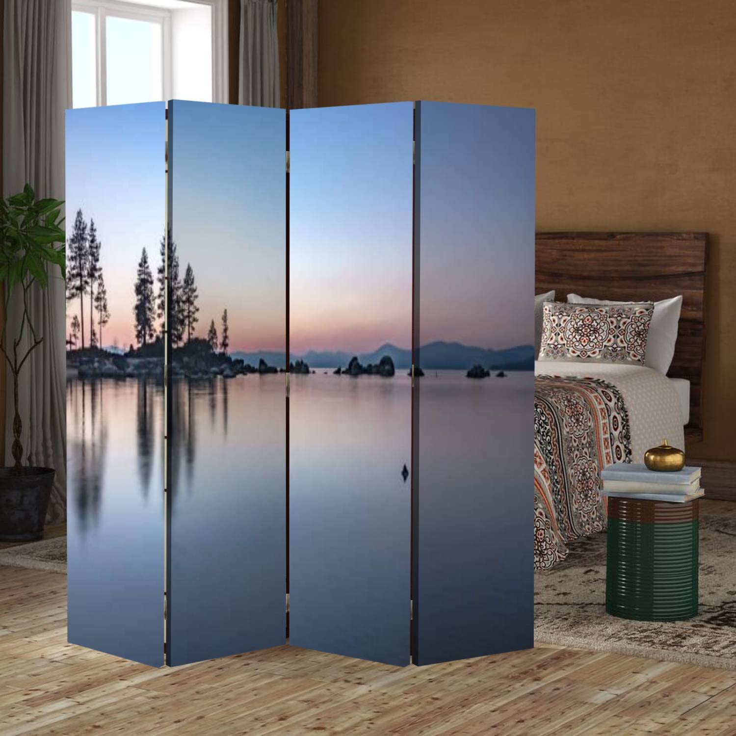 Wooden Room Divider with Sierra Lake Tahoe Scenery - 4-Panel Folding Privacy Screen, Dual-Sided Canvas Partition for Home & Office - Perfect for Bedroom Separation, Living Room Decor, and Indoor Space Division