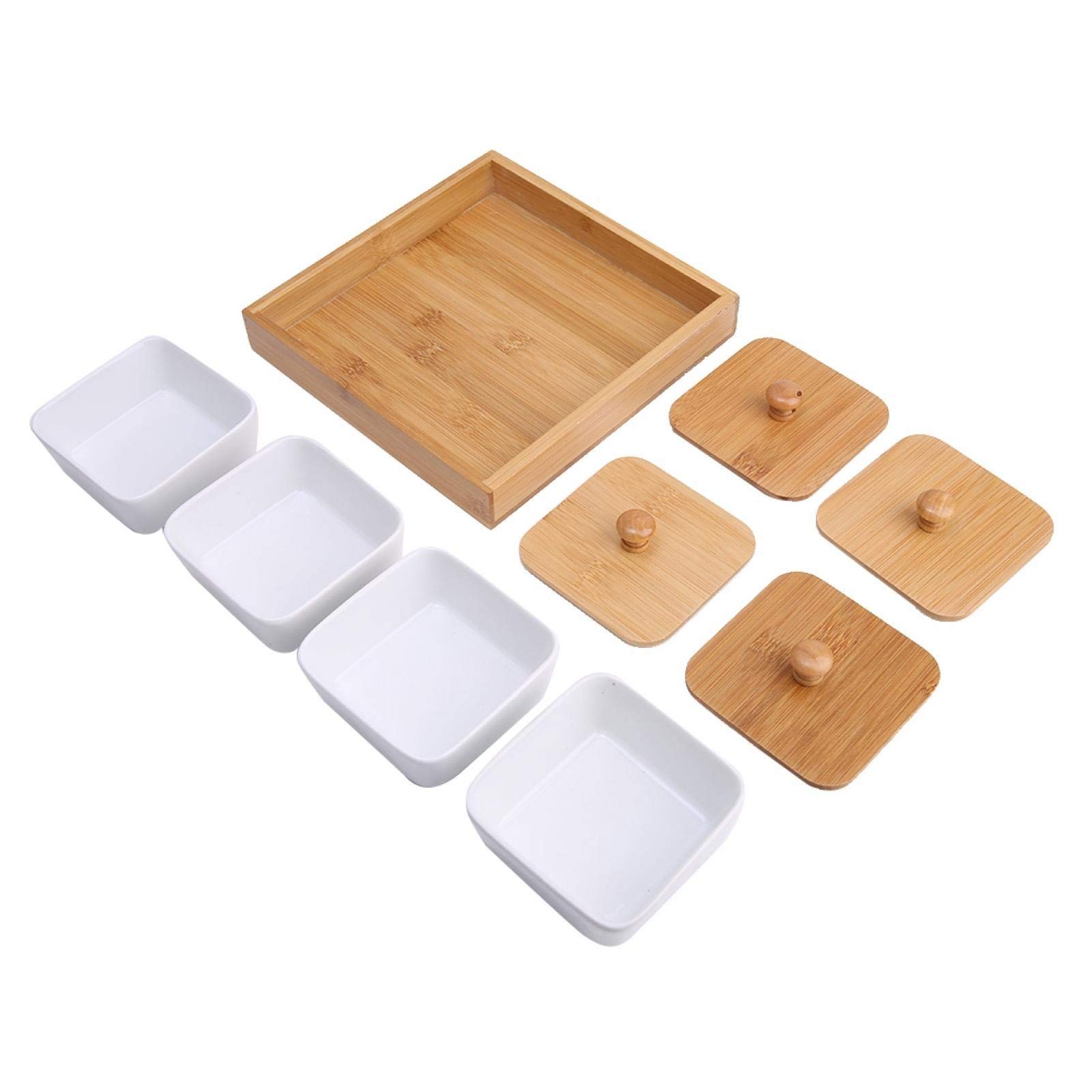 4-Compartment Ceramic Appetizer Serving Platter with Removable Bamboo Tray - Perfect for Dips, Veggies, Candy & Snacks | Elegant Party, Dinner & Entertaining Serving Dish