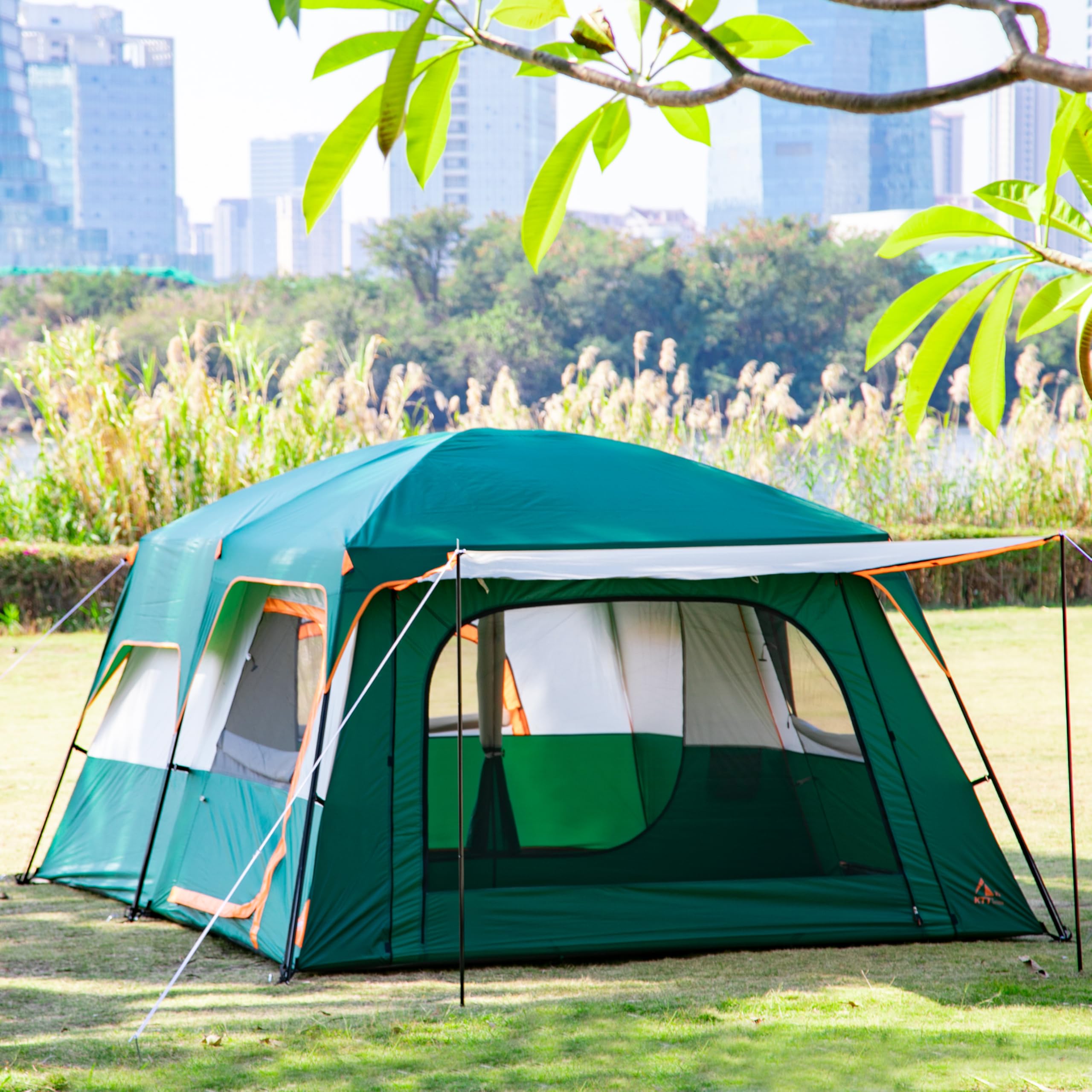 KTT Extra Large Family Cabin Tent for 10-12-14 People (Style-B) - 2 Rooms, 3 Doors & 3 Windows with Mesh, Straight Wall Design, Waterproof Double Layer - Perfect for Camping, Picnics, Outdoor Adventures & Family Gatherings