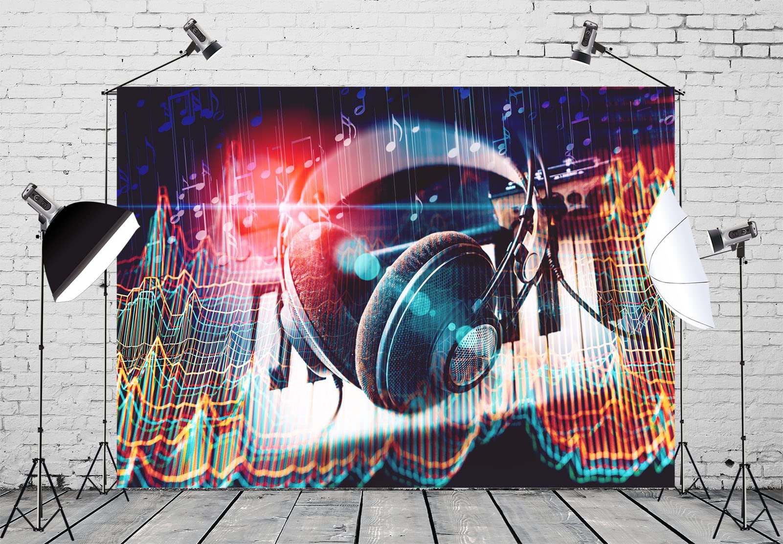 BELECO 9x6ft Music Notation Fabric Backdrop - Headphone & Music Symbols Design for Concert Parties, Dance Events, YouTube Studio, Photobooth & Wall Decor | Perfect for Music Lovers & Event Photography Backgrounds