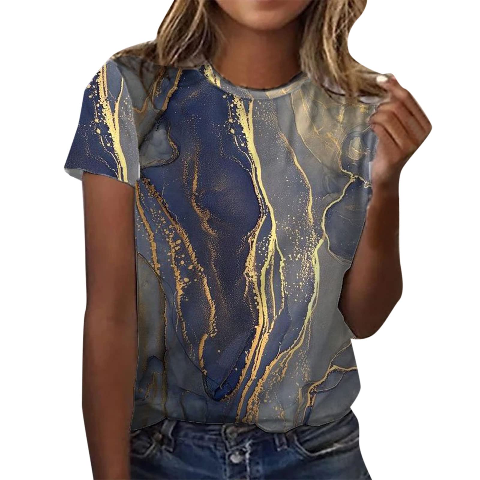 Vintage Floral Print Women's T-Shirt - Gray Short Sleeve Graphic Tee with Painting Design (Blue, Medium) | Casual Summer Outfit, Beach Wear & Everyday Fashion