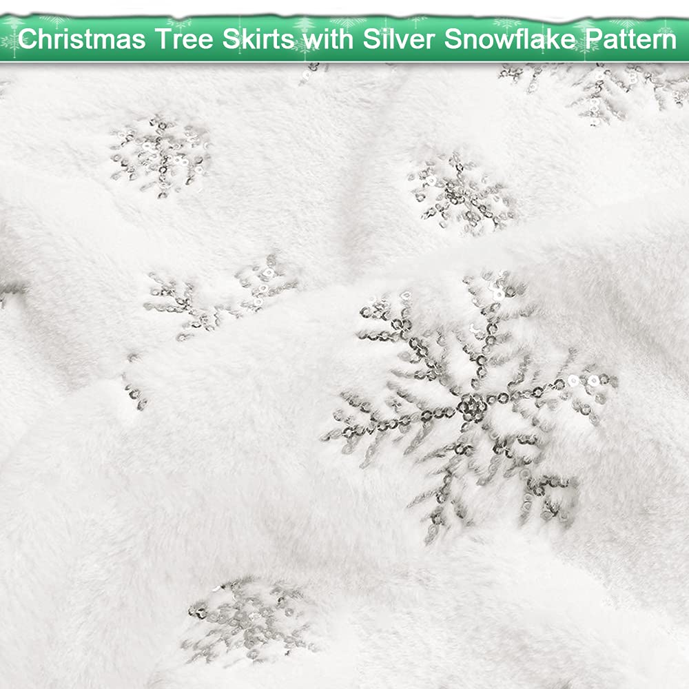 72 Inch White Faux Fur Christmas Tree Skirt with Sequin Silver Snowflakes - Holiday Party Decor for Xmas Tree, Home, and Festive Gatherings