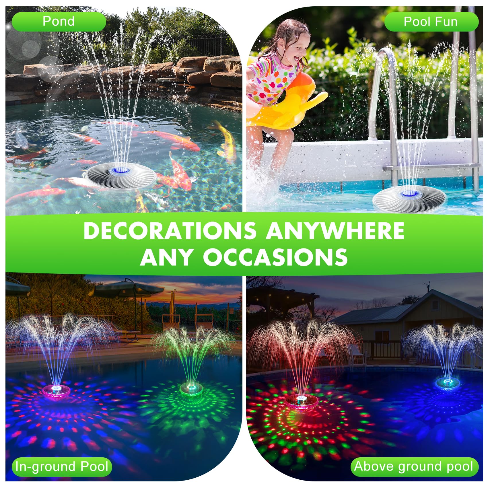 DeeprBetter Solar Pool Fountain with LED Lights - High Efficiency Solar Powered Floating Water Fountain Pump for Above Ground Pools - Blue Solar Pool Waterfall & Sprinkler - Perfect for Backyard, Garden & Patio Decor