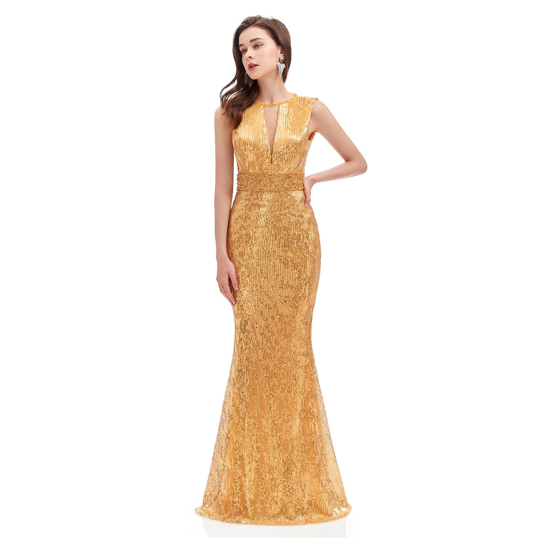 FCOMES Women's Sparkly Sequin Mermaid Evening Gown for Formal Party, Homecoming, Prom & Celebrity Events - Sleeveless Long Backless Dress for Special Occasions