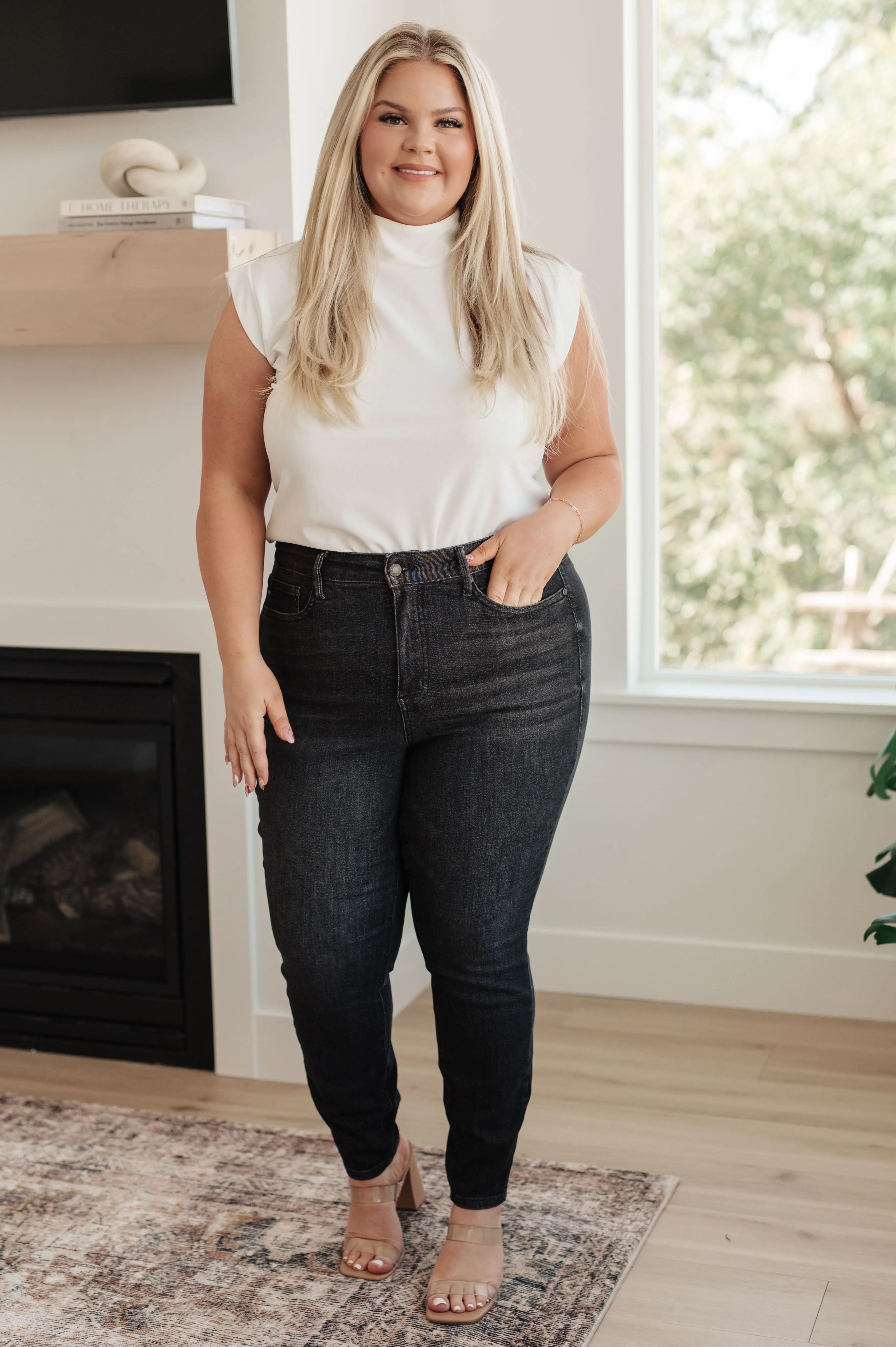 Octavia High Rise Control Top Skinny Jeans for Women - Washed Black Denim Pants, Tummy Control Slim Fit Jeans | Perfect for Work, Date Night & Casual Outfits