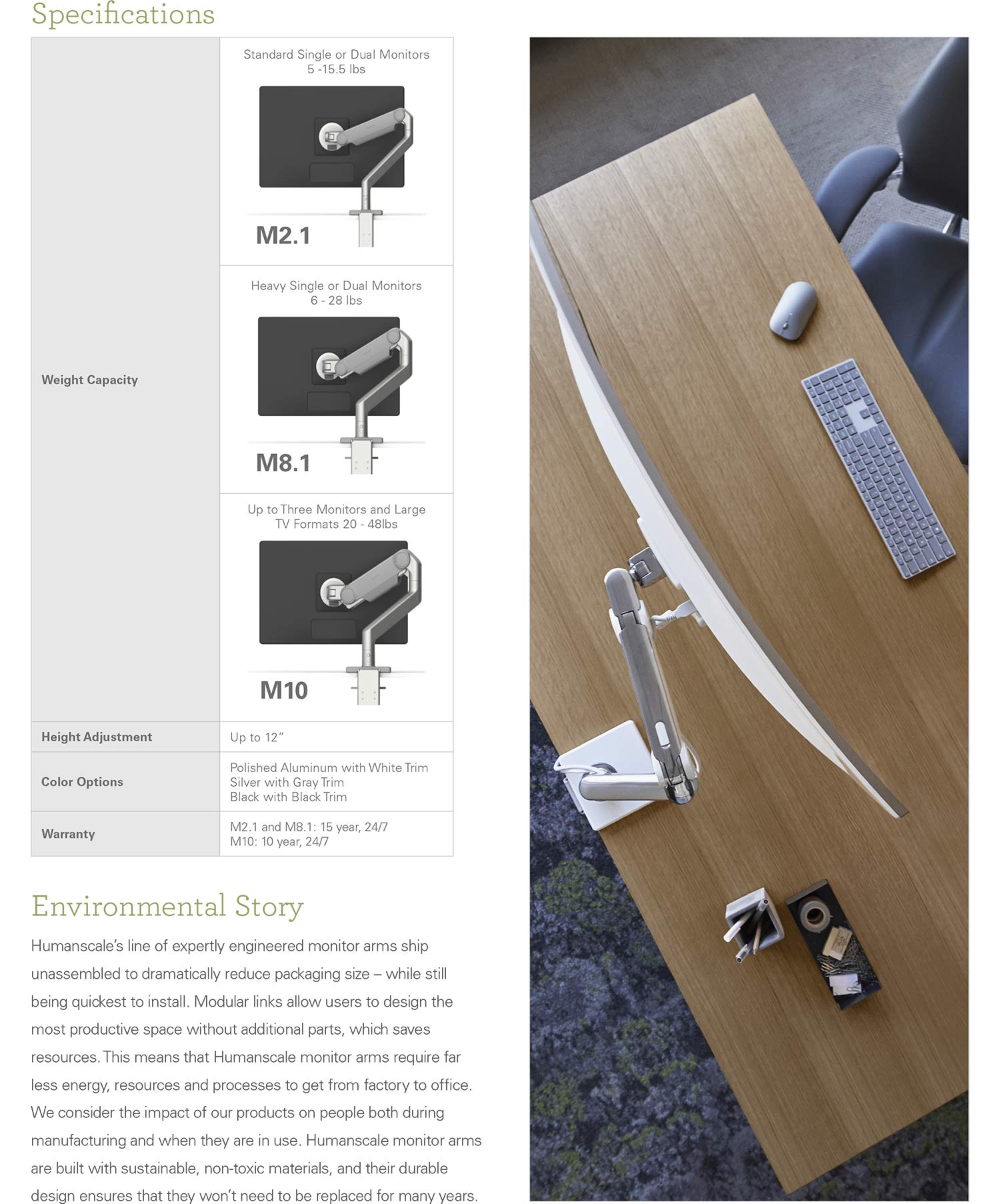 Humanscale M2.1 Adjustable Monitor Arm - Silver M21CMSBTB with Two-Piece Clamp Mount & Base | Ergonomic Computer Monitor Stand for Home & Office Workstations