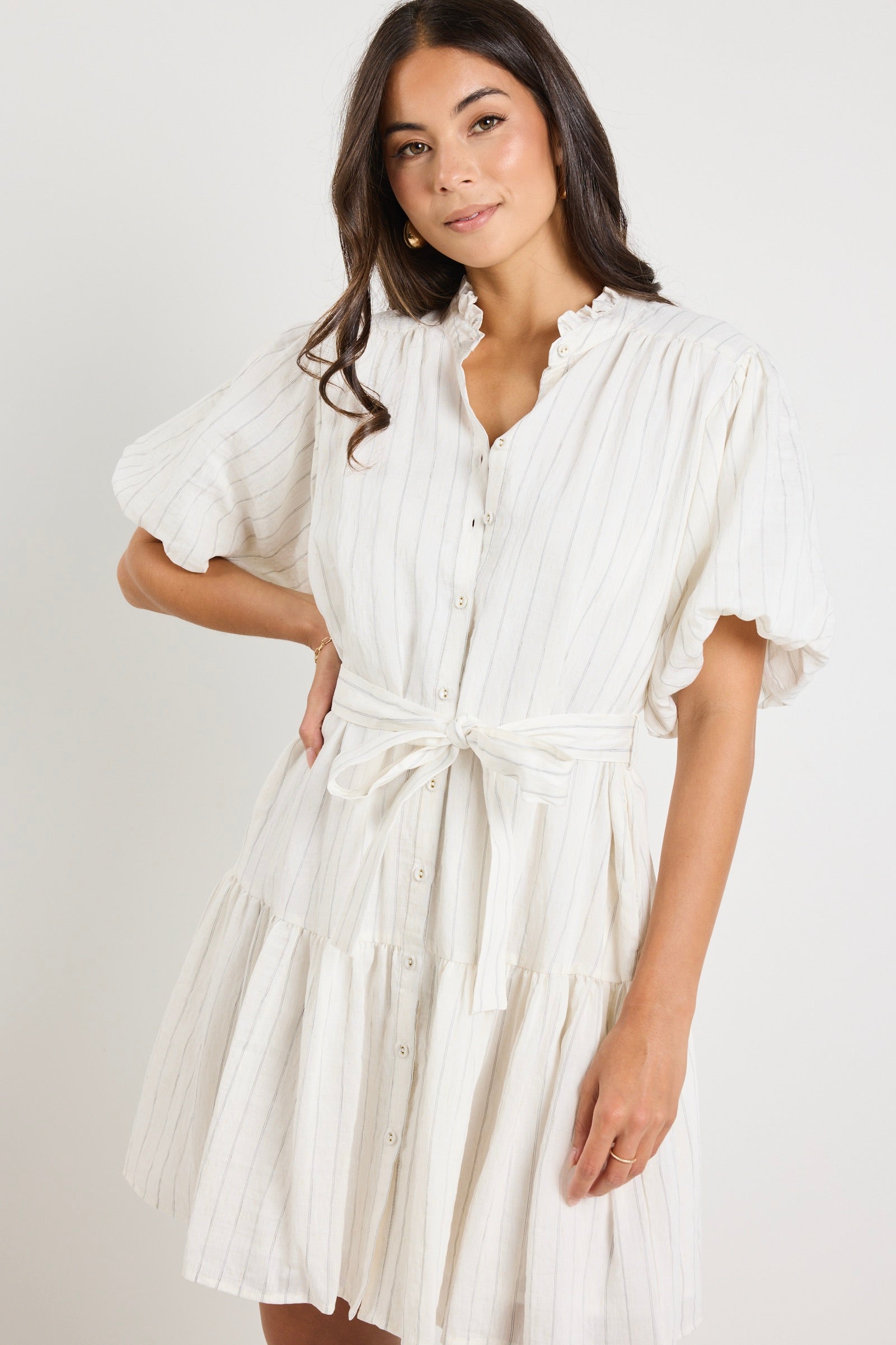 Delphi Ivory Stripe Drop Waist Belted Mini Dress for Women - Elegant Summer Party Cocktail Dress for Weddings, Dates & Special Occasions