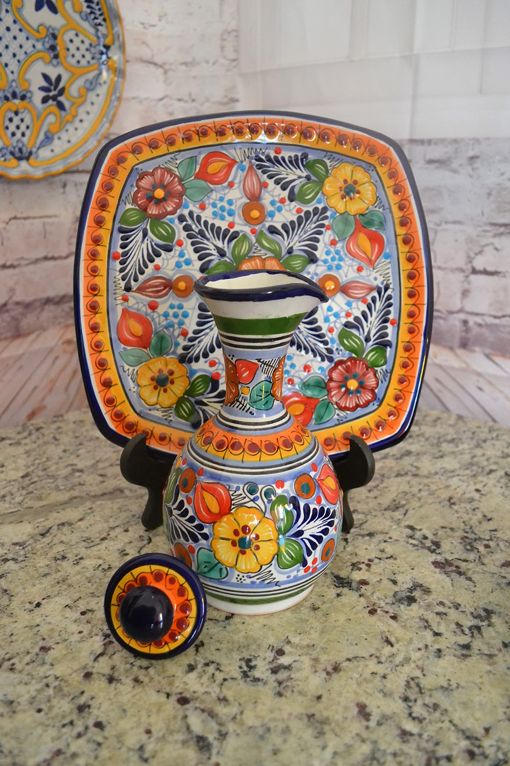 Premium Talavera Tequila Set with Hand-Painted Decanter & 4 Shot Glasses - Authentic Mexican Ceramic Barware for Parties, Gifts & Home Decor (Style CM116)