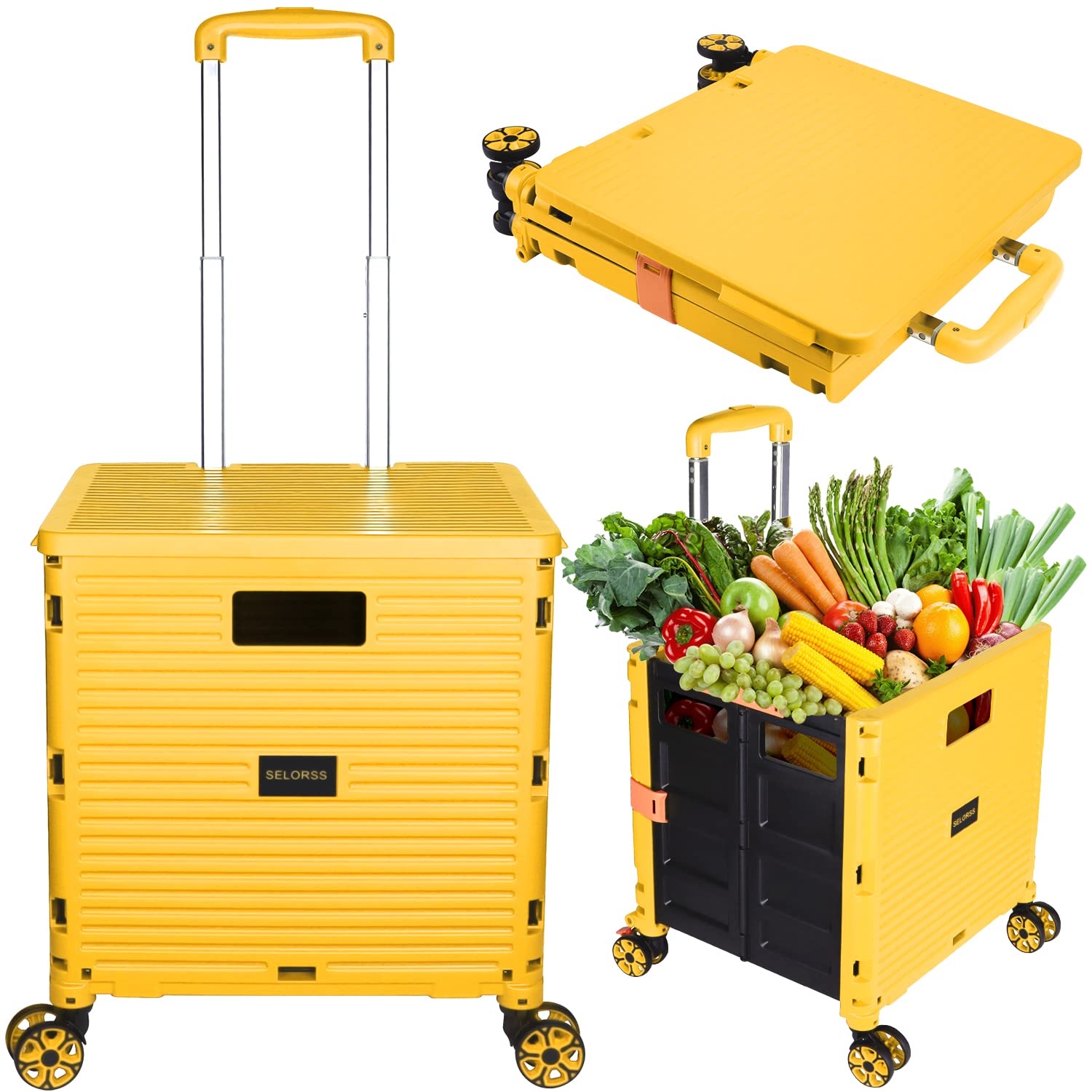 Foldable Utility Cart with Wheels - Portable Collapsible Rolling Tote Basket with Lid & 360° Rotating Noiseless Wheels for Shopping, Storage, Office & Classroom Use - Durable Teacher Cart for Home, School & Workplace Organization