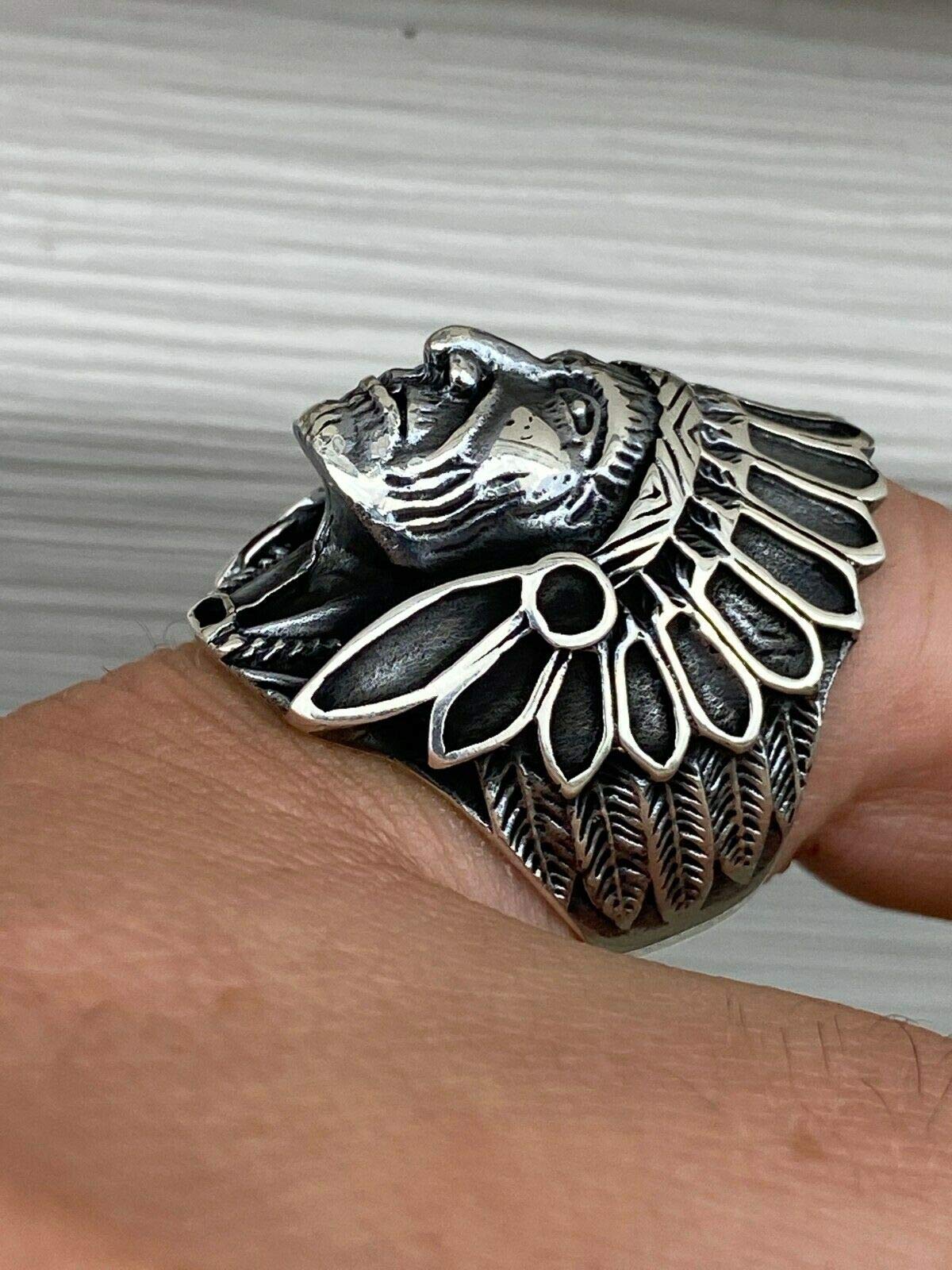 925 Sterling Silver Indian Chief Biker Ring for Men - Large Size 7-13 - Handcrafted Native American Style Jewelry - Perfect for Bikers, Motorcycle Enthusiasts & Western Fashion Lovers