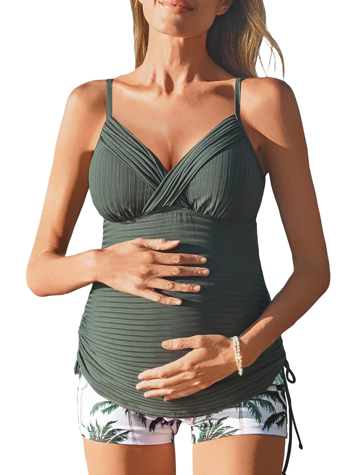 Summer Mae Ribbed Maternity Two-Piece Swimsuit - Comfortable Tankini Wrap Twist Nursing Swimwear for Pregnant Women | Perfect for Beach, Pool & Breastfeeding Moms