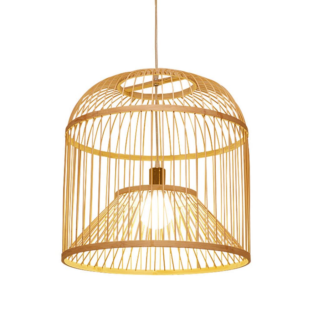 Handwoven Bamboo Pendant Light - Japanese Style Natural Lantern Chandelier with Wire Cage for Kitchen Island, Cafe, Bar & Restaurant | Industrial Lighting Fixture for Dining Room, Patio & Home Decor
