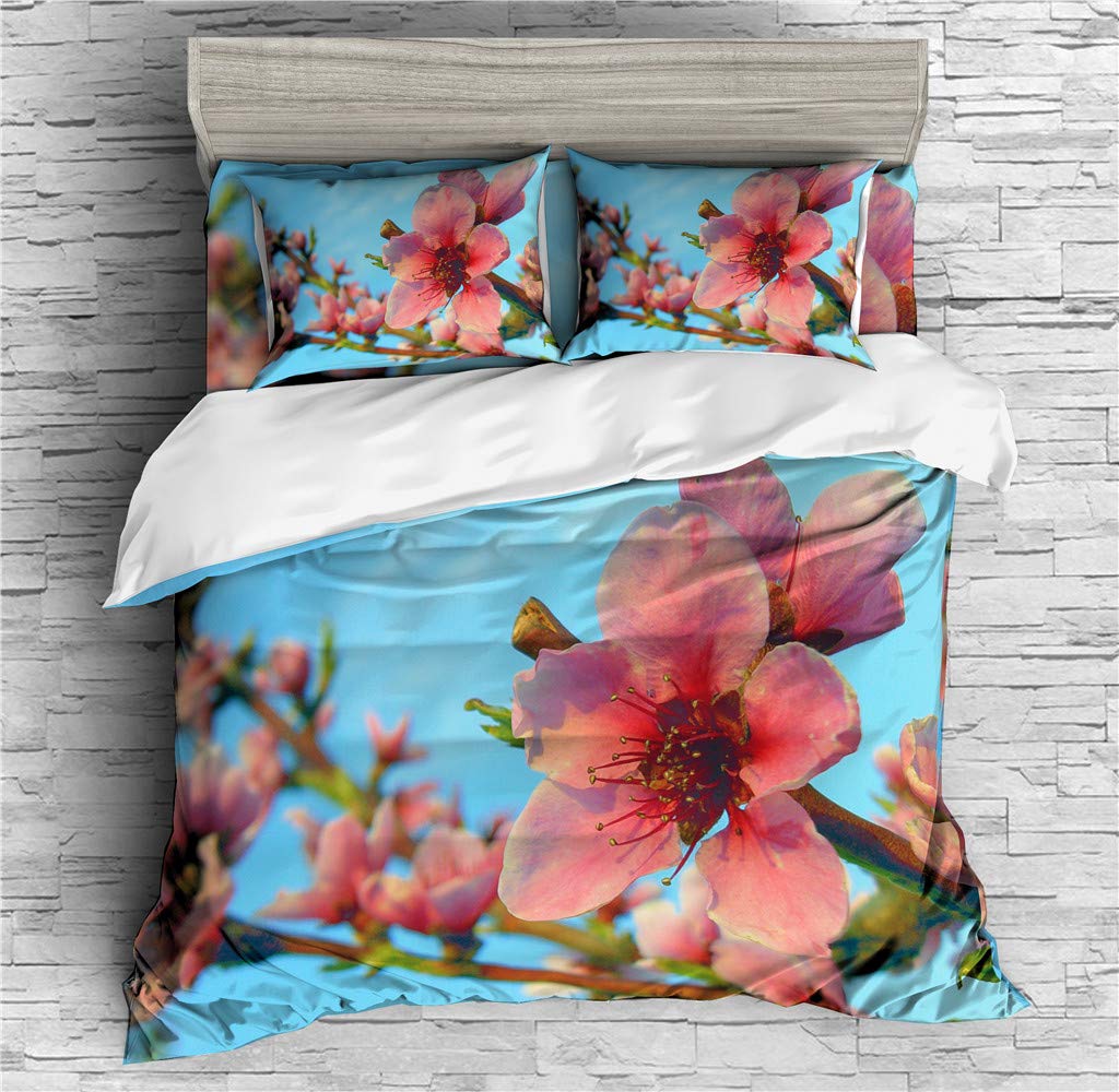 REALIN Pink and White Cherry Blossom Duvet Cover Set - 2/3/4PCS Spring Floral Bedding with Quilt Cover, Sheets & Pillow Shams - Twin/Full/Queen/King Size (Full-200x229cm-4PCS) - Perfect for Spring Bedroom Decor, Wedding Gift, and Guest Room Makeover