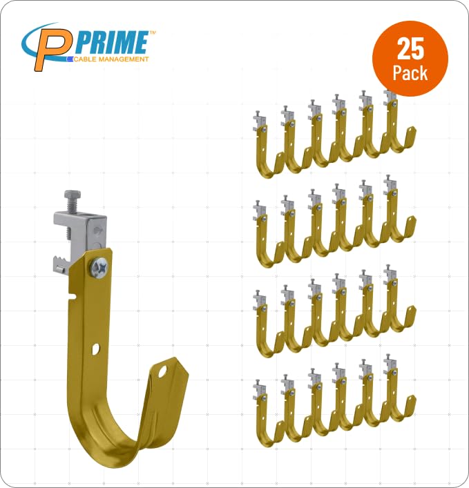 2 Inch Heavy Duty Metal Cable & Wire Support J-Hook Hangers with Beam Clamp - 25 Pack for Secure Cable Management in Commercial & Industrial Settings