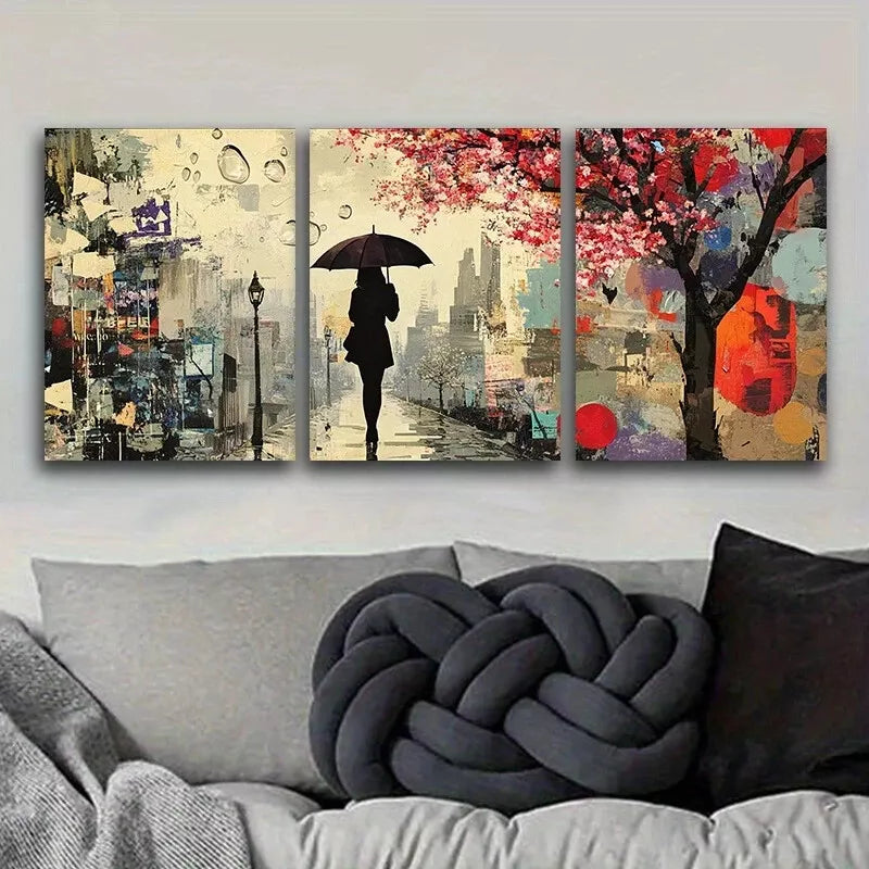 3-Piece 'A Woman Walks With An Umbrella' Wall Art Set - Framed Canvas 40x60cm (16x24in) | High-Quality Print | 100% Australian Made | Ready to Hang | Perfect for Living Room, Bedroom & Office Decor