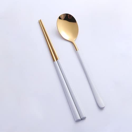 Premium Korean Black Golden Chopsticks & Spoon Set - 2pcs Stainless Steel Silverware for Asian Dining | Elegant White Gold Cutlery for Sushi, Ramen & Home Dinnerware