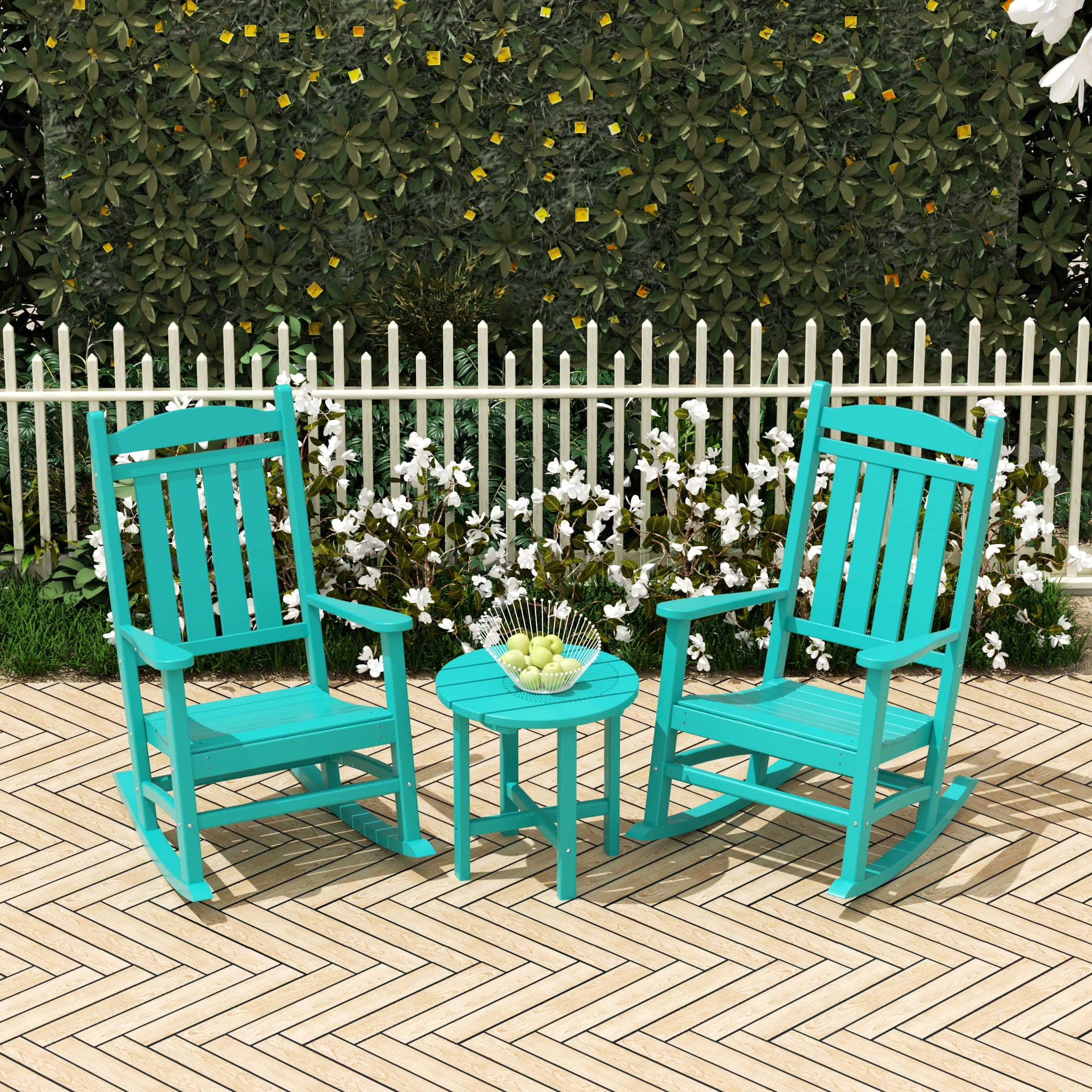 WO Home Furniture 3-Piece Patio Rocking Chair Set - Traditional HDPE Outdoor Rocking Chairs for Porch, Garden & Backyard (Turquoise) - Perfect for Relaxing, Sunbathing & Outdoor Entertaining