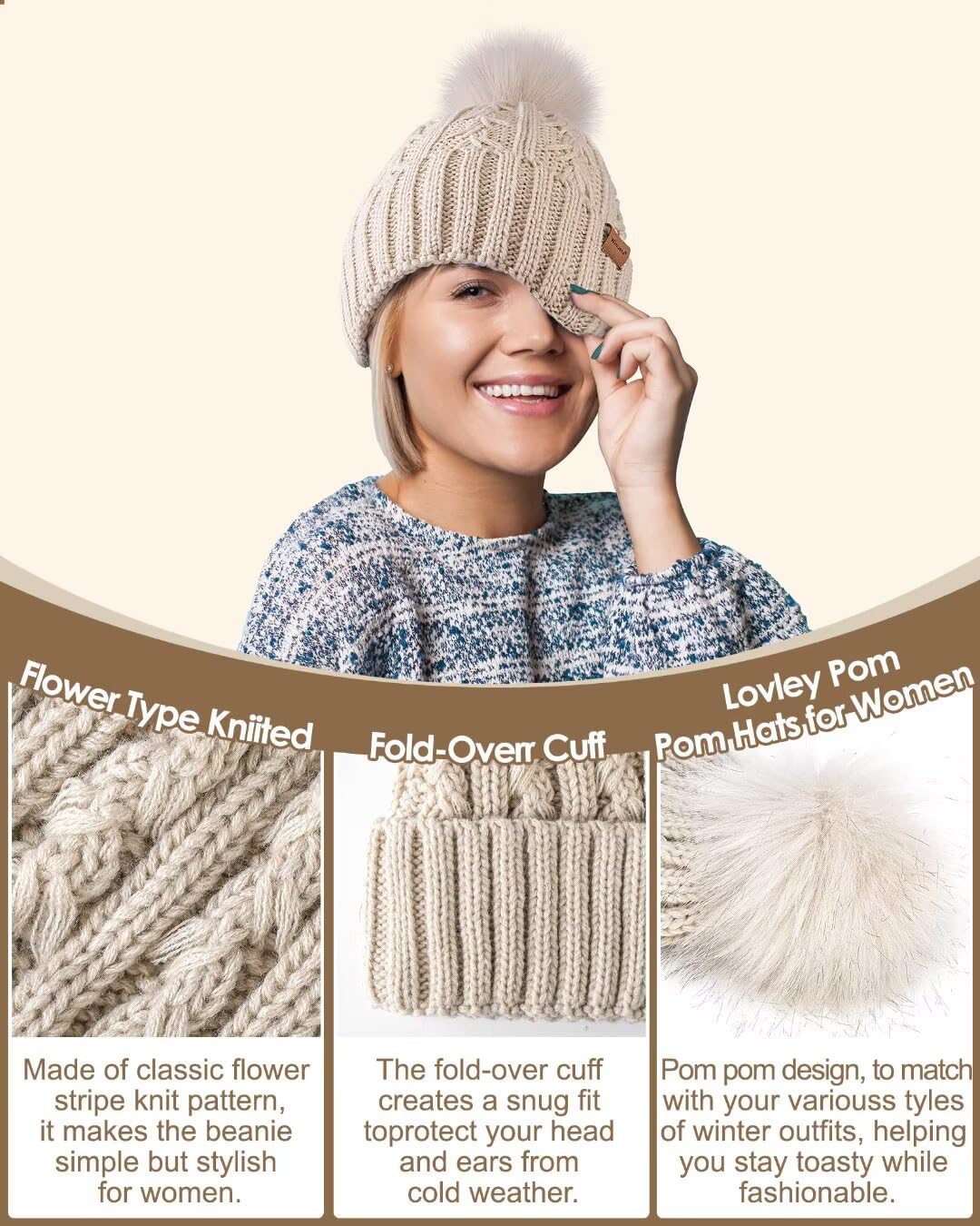 Winuesa Women's Satin Lined Beanie with Pom Pom - Fashionable Winter Knit Hat, Soft Silk Lined Skull Cap for Warmth & Style | Perfect for Cold Weather, Outdoor Activities & Casual Outfits